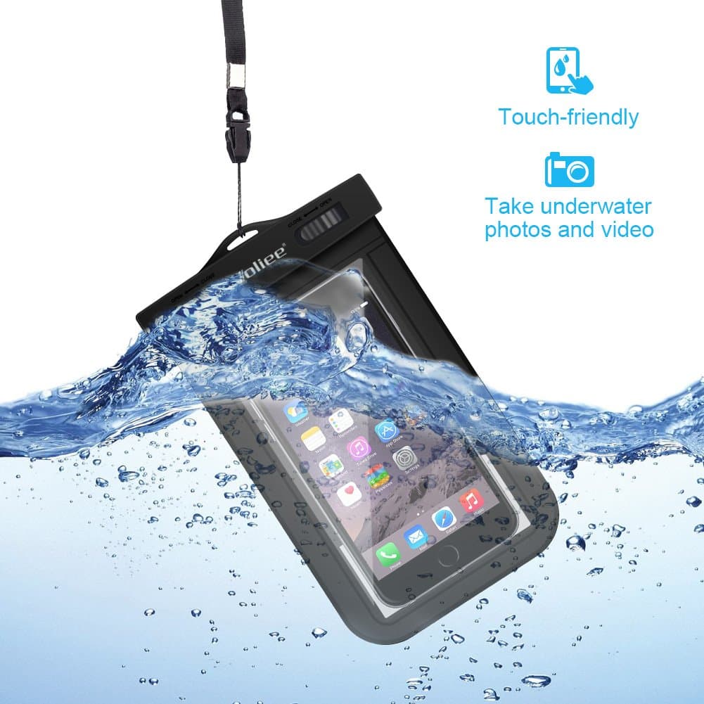 Voliee Universal Waterproof Case Bag for Apple iPhone 6 Plus, 6, 5S, 5C, 5, 4S, Samsung Galaxy S6 edge, S6, S5, S4, Note, HTC, LG, Sony, Nokia and Other Smartphones up to 6 Inches Diagonal Size - Certified Waterproof up to 100 Feet (IPX8) (Black)