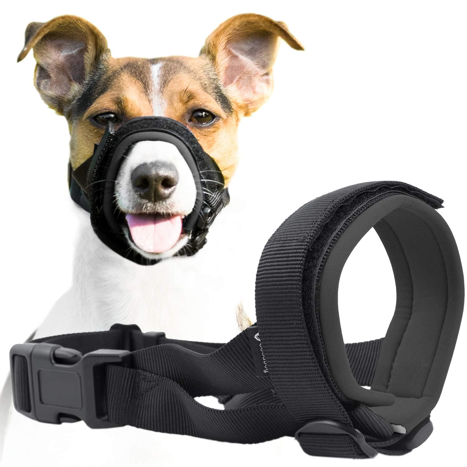 Gentle Muzzle Guard for Dogs - Prevents Biting and Unwanted Chewing Safely Secure Comfort Fit - Soft Neoprene Padding – No More Chafing – Training Guide Helps Build Bonds with Pet (L, Grey)