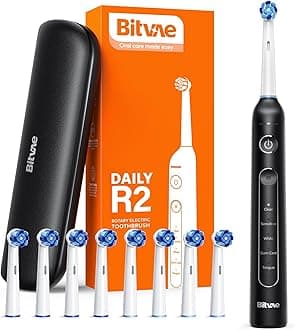 R2 Rotating Electric Toothbrush for Adults with 8 Brush Heads, Travel Case, 5 Modes Rechargeable Power Toothbrush with Pressure Sensor, 3 Hours Fast Charge for 30 Days, Black