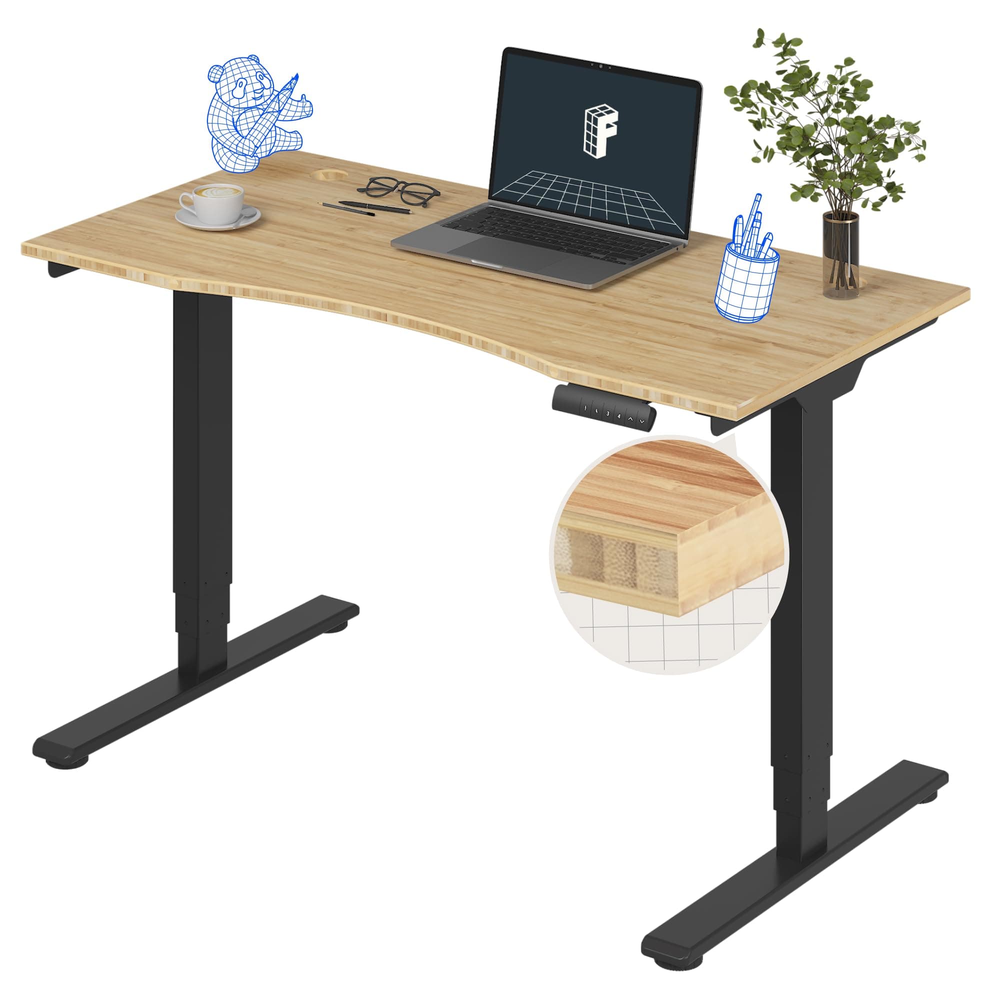 FlexiSpot E6 Bamboo 3-Stage Dual Motor Electric Standing Desk 48 x 24 Sit Stand Up Desk, Holds 220 lbs, Adjustable Height w/ Memory Presets, Solid Bamboo Curved Desktop & Black Frame, Ships in 2 Boxes