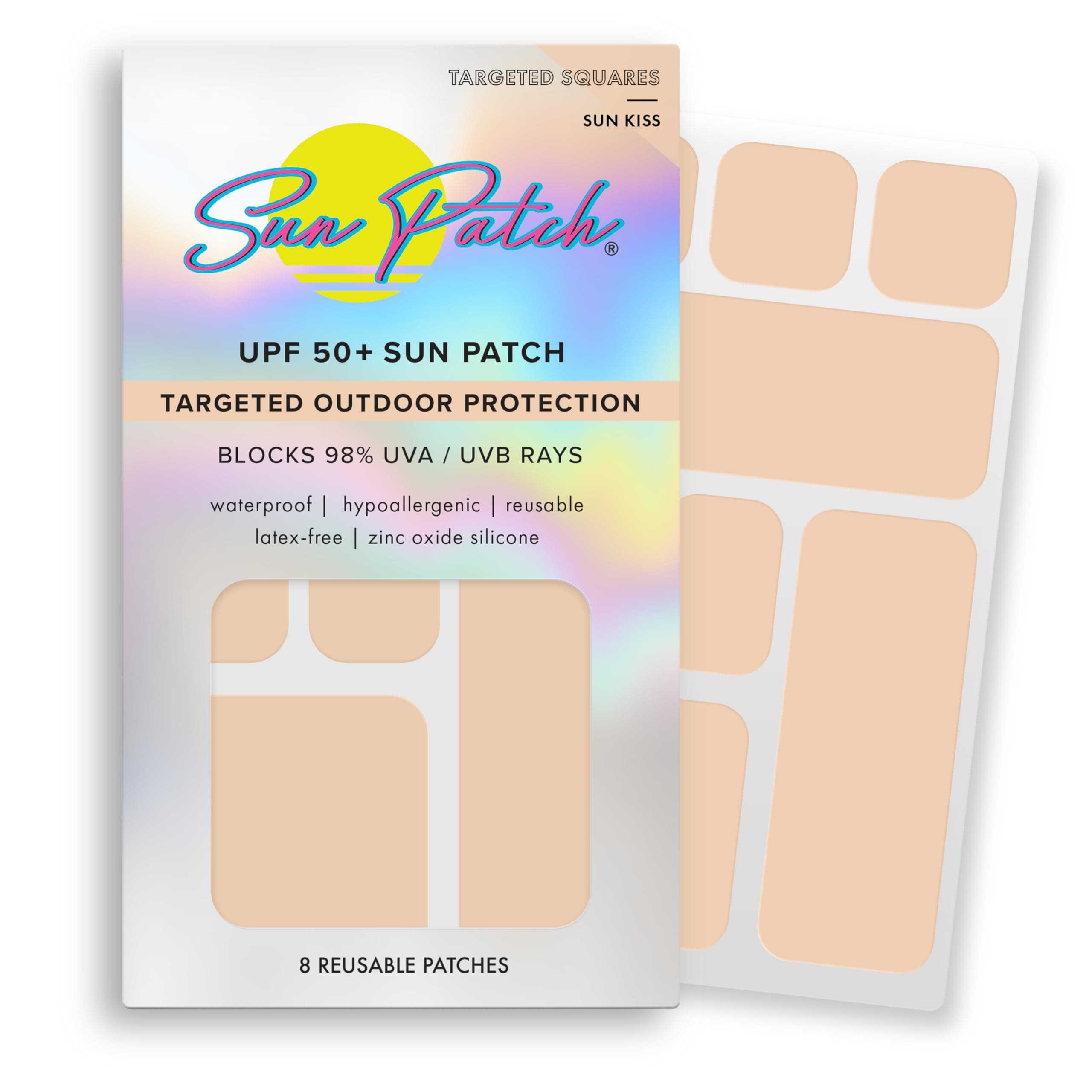 Hypoallergenic Sun-Screen Square Shaped Patches, 100% Silicone UPF-50 UV Protection, Reusable, 1 Pack/8 Squares, Sunkiss (Nude)
