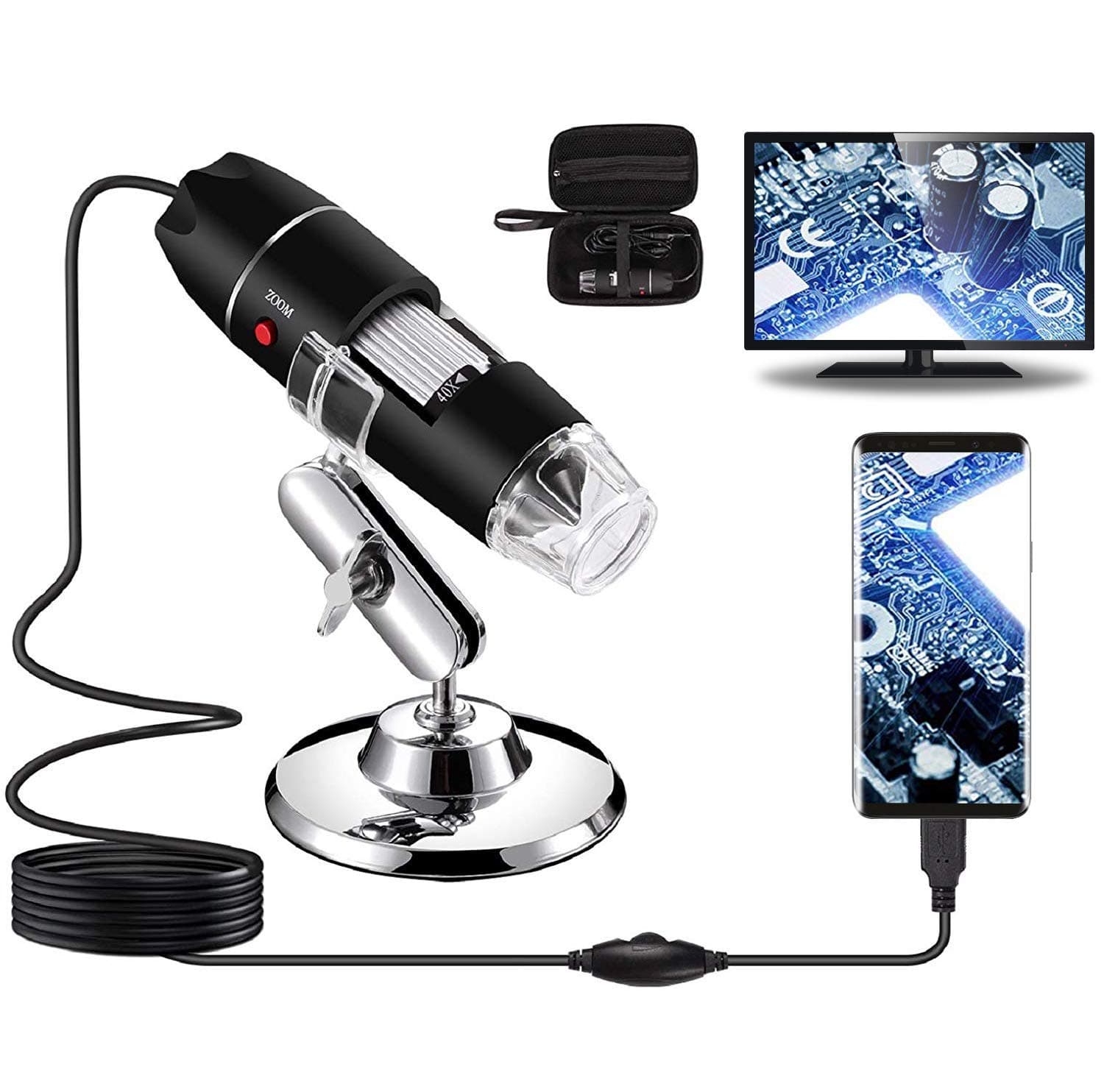 USB Digital Microscope 40X to 1000X, 8 LED Magnification Endoscope Camera with Carrying Case & Metal Stand, Compatible for Android Windows 7 8 10 11 Linux Mac (Not for iPhone/iPad)
