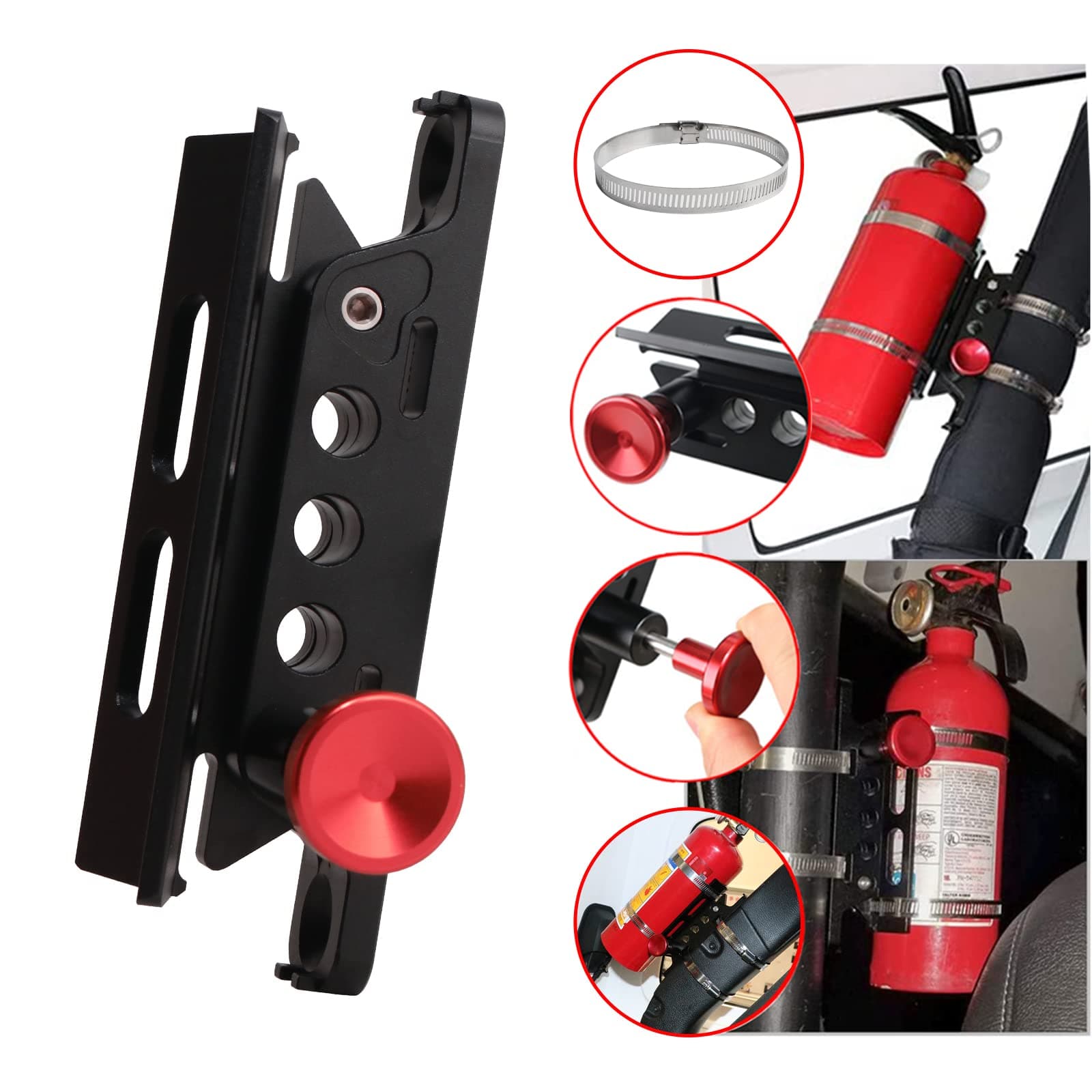 buyinhouse Fire Extinguisher Holder Mount Adjustable Roll Bar Quick Release for UTV Polaris RZR Ranger Jeep Wrangler CJ JK TJ JL Kitchen Office Garden roll bar Diameter 65-89mm Water Bottle Holder