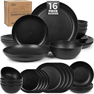Grow Forward 16-piece Premium Wheat Straw Dinnerware Sets for 4 - Unbreakable Dishwasher & Microwave Safe Plastic Plates and Bowls Sets - Patio, Outdoors, RV, Camping Dishes - Midnight