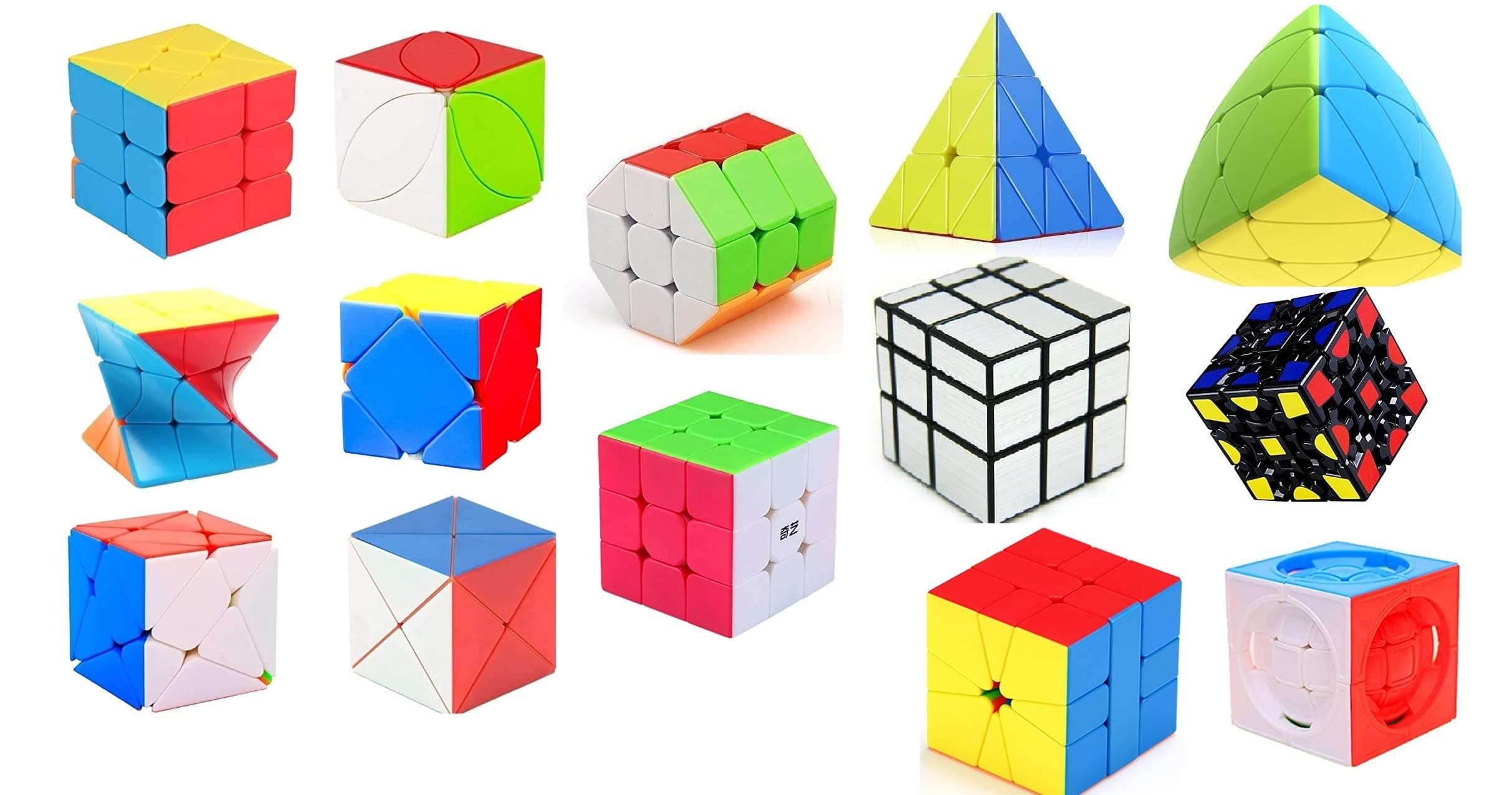 Newille Combo of 14 Cube 3x3, Pyramid, Mastermorphix, Silver Mirror, Octagonal Barrel, Twisty Gear, Dino Skewb, Axis, Windmill, Ivy Leaf, Centrosphere, Twisted And Square - High Speed Magic Puzzle