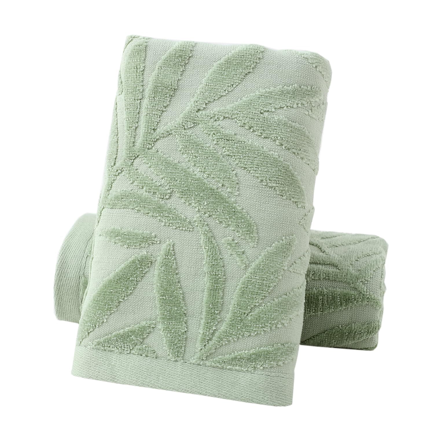 Pidada Hand Towels Set of 2 Leaf Pattern 100% Cotton Absorbent Soft Decorative Towel for Bathroom (Green)