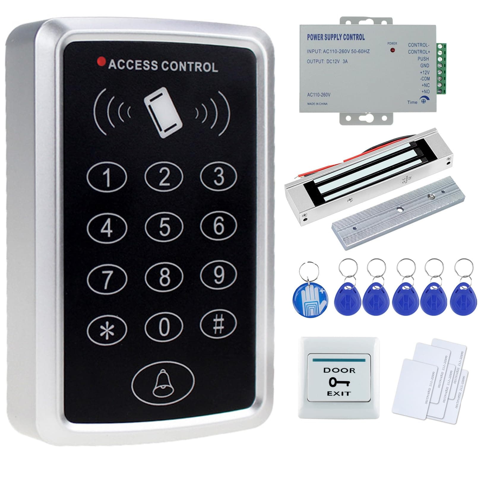 Stand-Alone Door Access Control System Kit with 180kg/350lbs Electric Magnetic Lock, DC12V/3A Power Supply, Door Exit Button, 10pcs RFID EM ID Keyfobs/Cards
