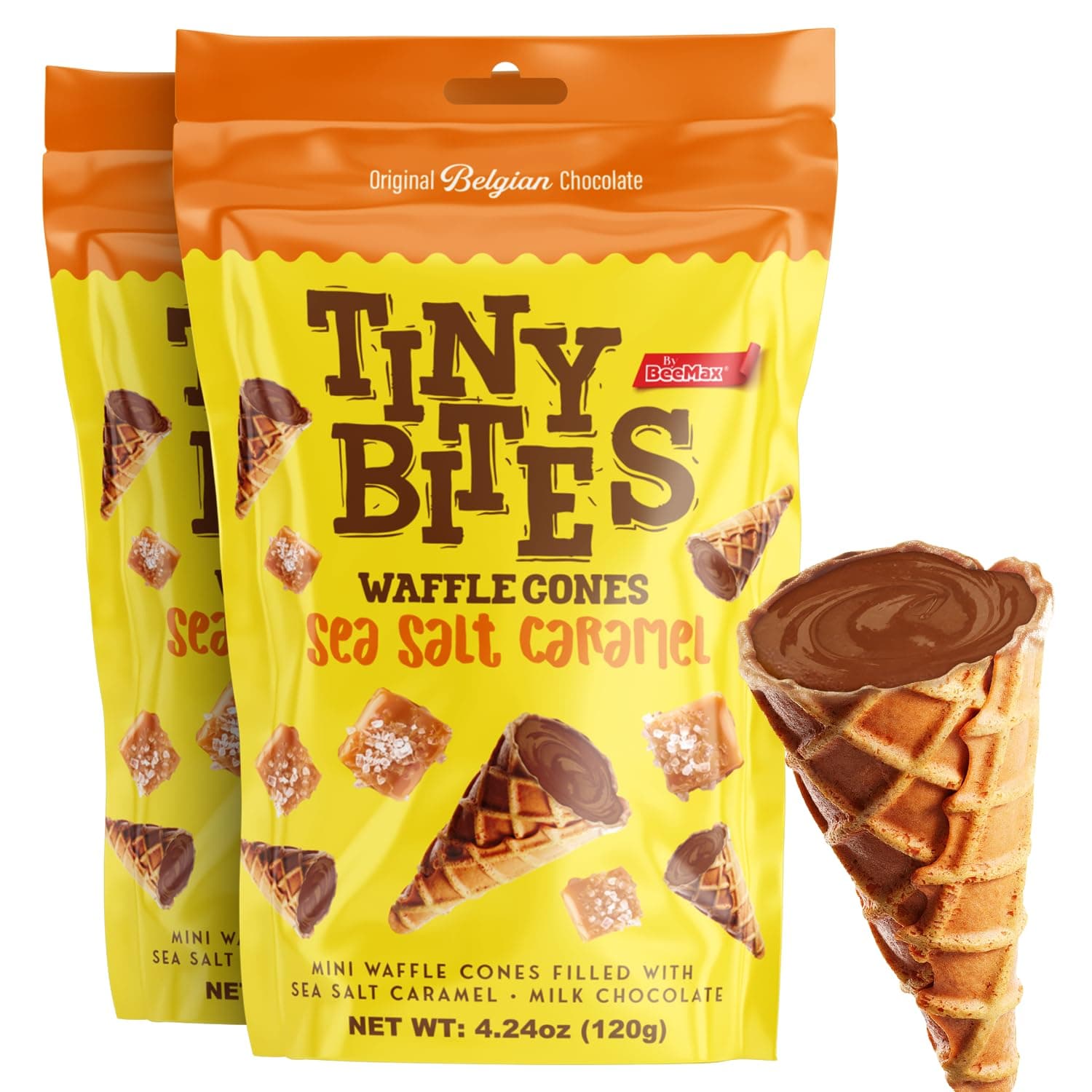 BEEMAX Tiny Bites Sea Salt Caramel Mini Waffle Cones, Blend of Crispy Golden & Belgian Milk Chocolate Bliss, Bite-Size Snack for Dessert or Ice Cream Toppings, 4.24 oz Bag, 2-Pack