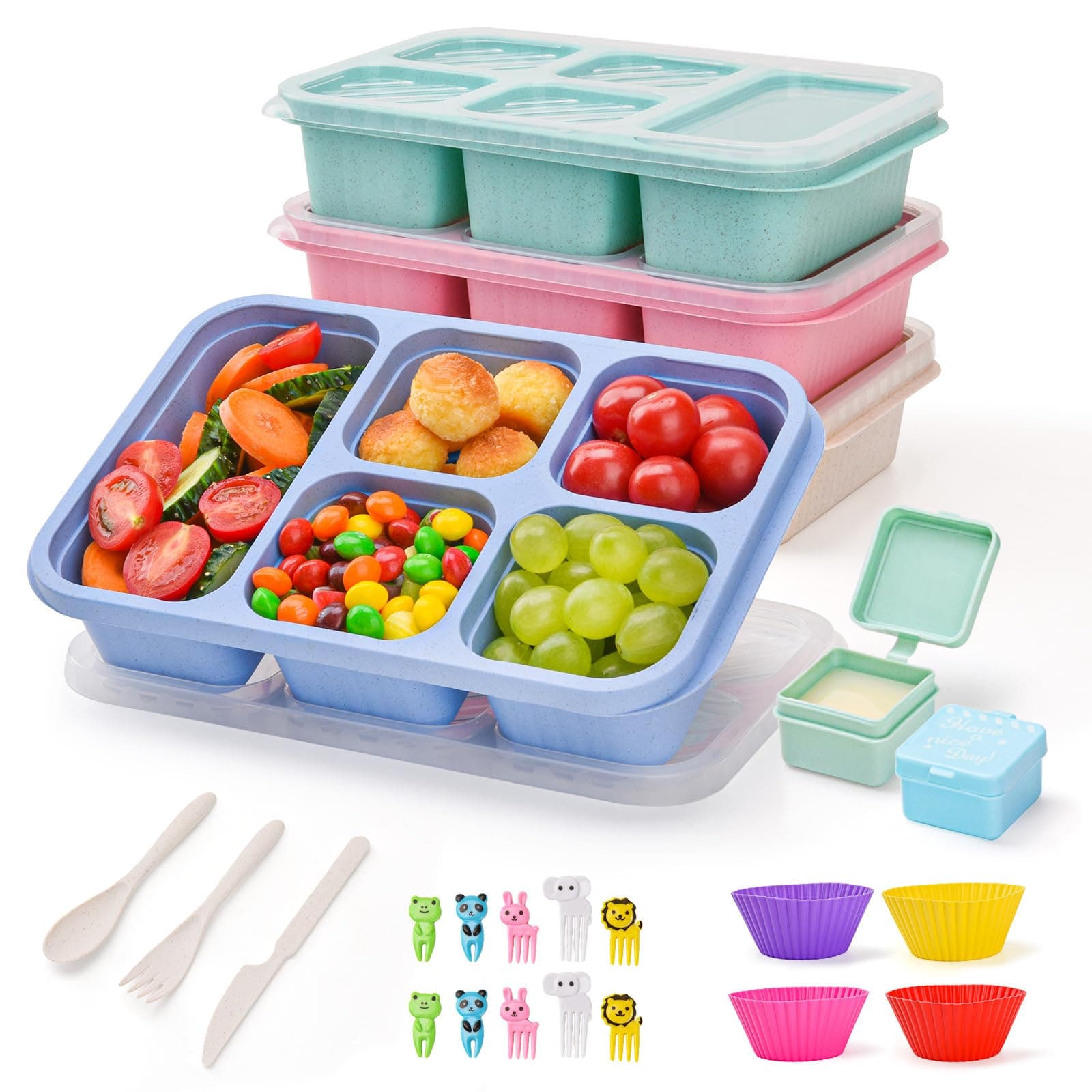 4 Pack Bento Snack Box, 5 Compartment Lunchable Snack Containers, Stackable Bento Lunch Boxes for Kids & Adults, Reusable Meal Prep Lunch Containers for School，Work and Travel