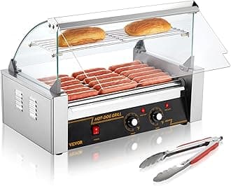 Hot Dog Roller 7 Rollers 18 Hot Dogs Capacity 1050W Stainless Sausage Grill Cooker Machine with Dual Temp Control Glass Hood Acrylic Cover Bun Warmer Shelf Removable Oil Drip Tray, ETL Certified
