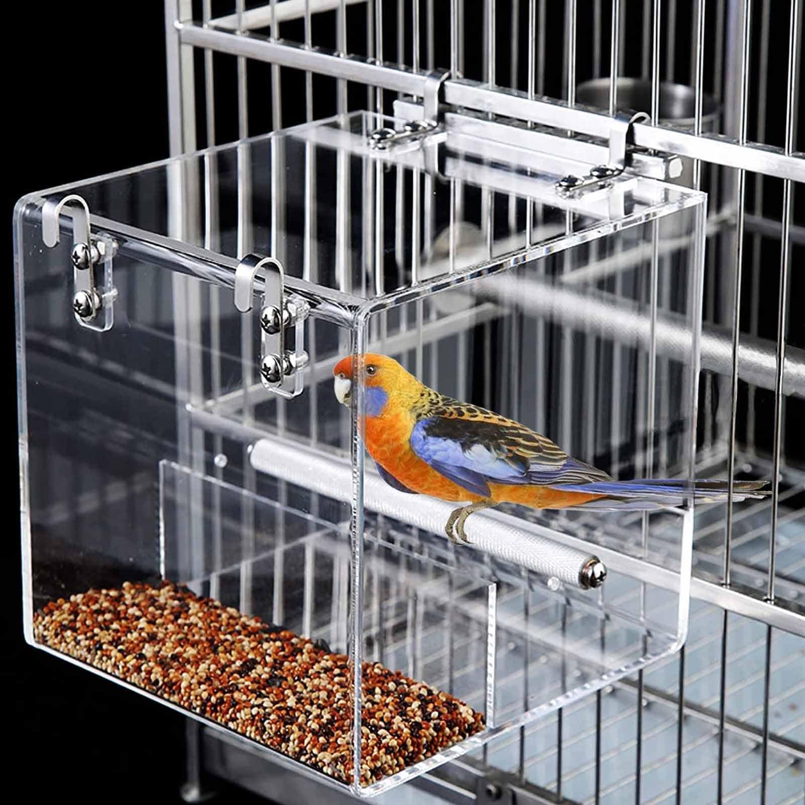 No Mess Bird Feeder for Cage, Automatic Acrylic Bird Feeder Seed Catcher Tray Cage with Stainless Steel Hooks for Small Parrots Canary Parakeet Budgerigar Crested Cockatiel Lovebird (Small)