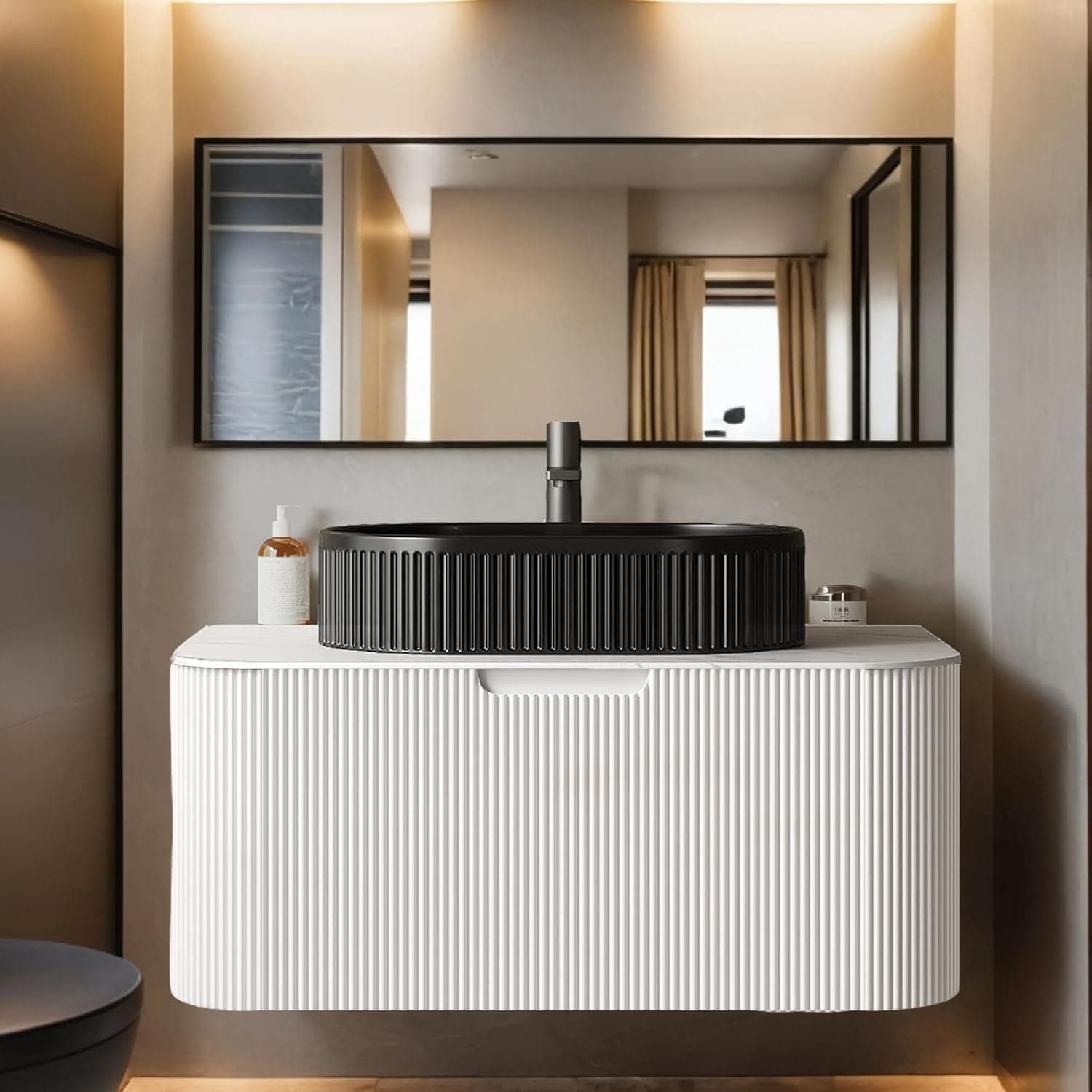 36" Floating Bathroom Vanity with Sink, Natural Solid Wood Modern Bathroom Vanities with Oval Stripes Ceramic Basin and Marble Top, Soft-Close Drawer, Pre-Assembled Cabinet, Gloss White