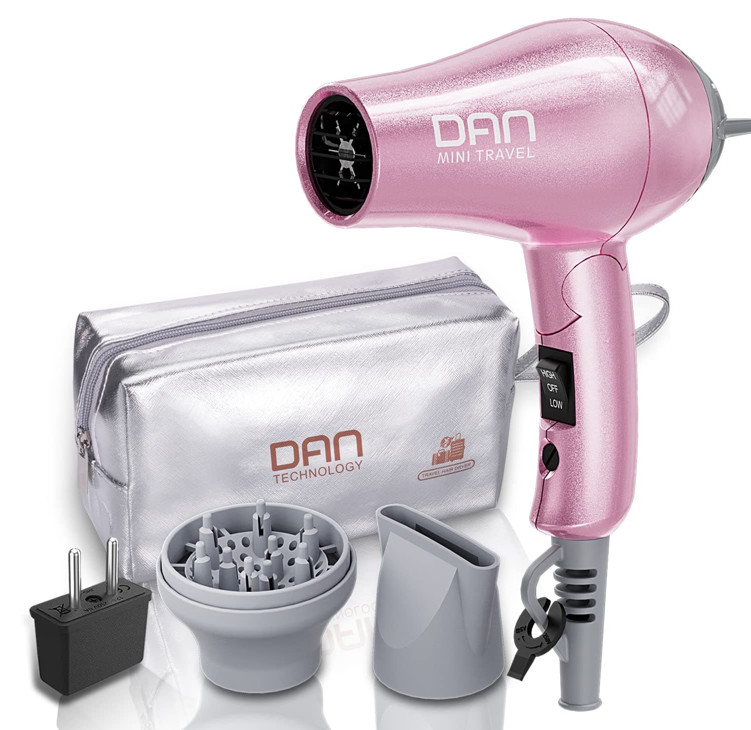DAN Technology Travel Hair Dryer,Dual Voltage HairDryer,Mini Blow Dryer with Concentrator,Small Hair Dryer with Diffuser,European hairdryer with European Plug,Pink Blow Dryer for Women