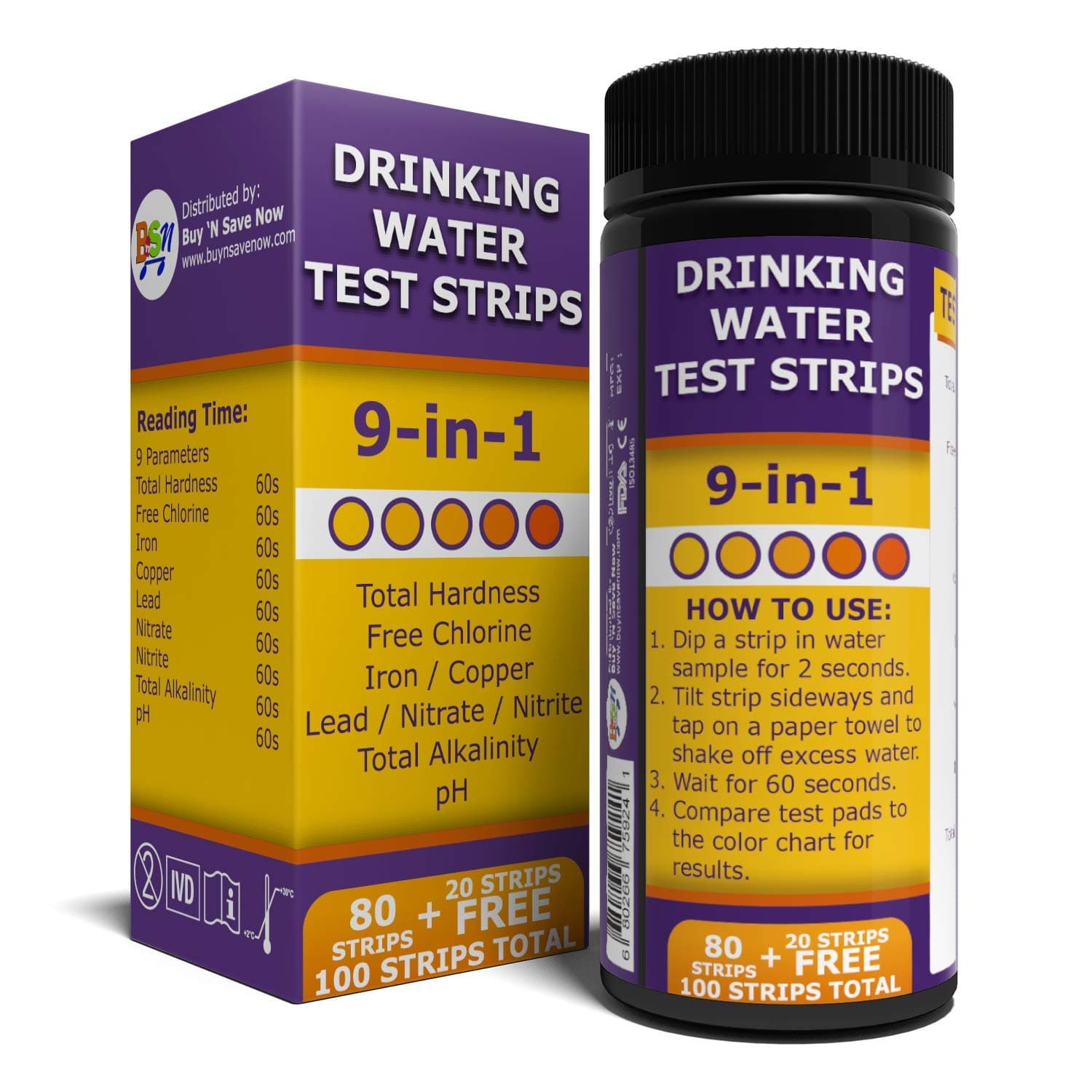 BNS 9 in 1 Drinking Water Test Strips. Accurate Tester Strip for pH, Chlorine, Nitrite, Nitrate, Lead, Total Hardness, and More. Home Test with Easy to Read Testing Results in Seconds.