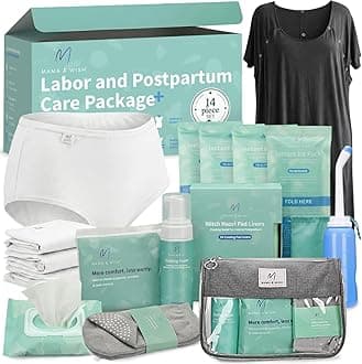 Mama & Wish® Postpartum Essentials Kit (14-Piece) - Includes Hospital Post Partum Essentials for Women After Birth, Labor and Delivery Gown, Peri Bottle, Witch Hazel Foam, Pad Liners & More!
