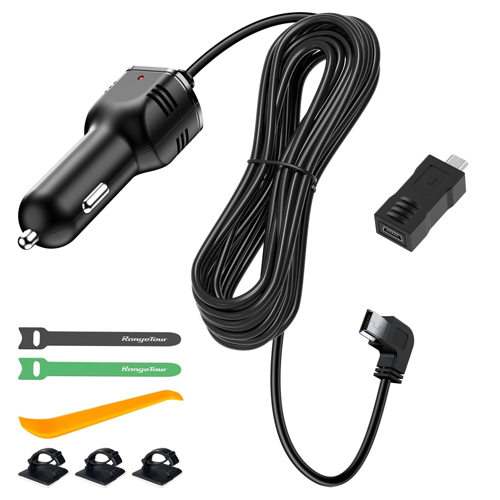 Dash Camera Car Charger, Mini USB and Micro USB Interfaces, L-Type Driving Recorders Power Cord Universal Car Adapter Power Cord 4m/13.12ft 12V/24V to DC5V 3A