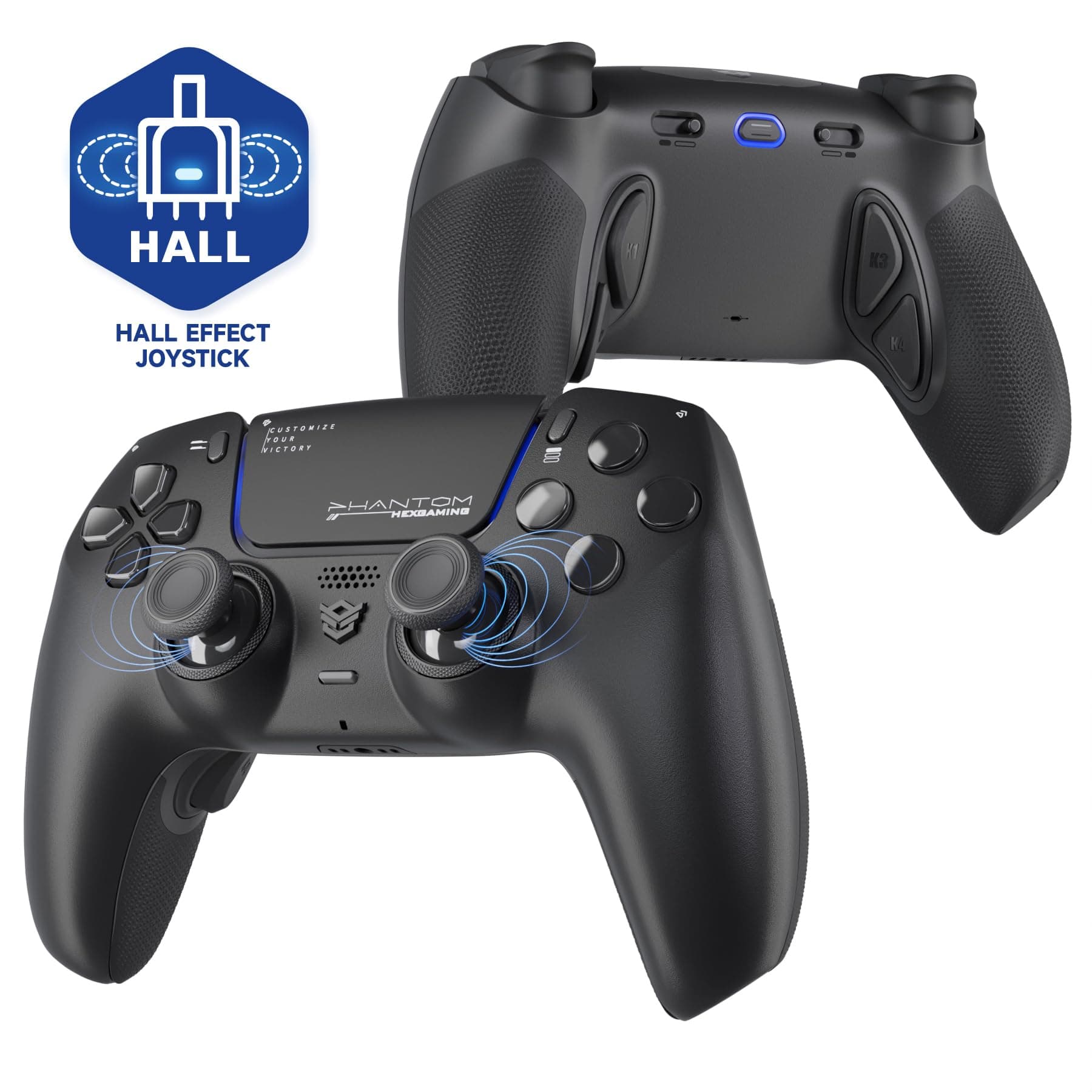 HEXGAMING PHANTOM Pro Controller with 4 Remappable Buttons, 6 Remapping Profiles, 8 Interchangeable Analog Stick, and Adjustable Triggers Compatible with ps5, PC, Mobile - Hall Effect Chaos Black