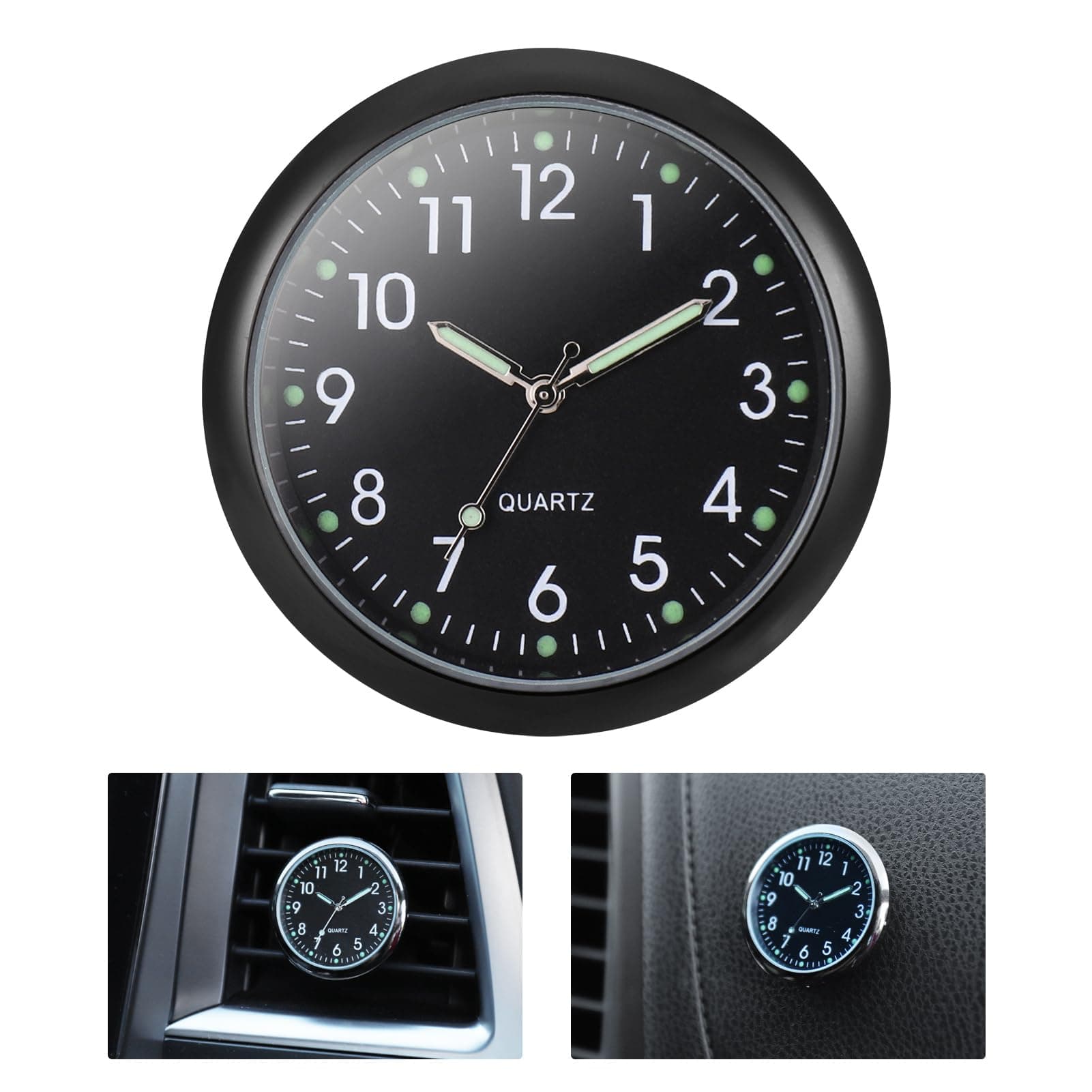 JIZZU Mini Car Dashboard Clock - Tiny Stick-On Vent Clock Watch, Universal Luminous (Black)