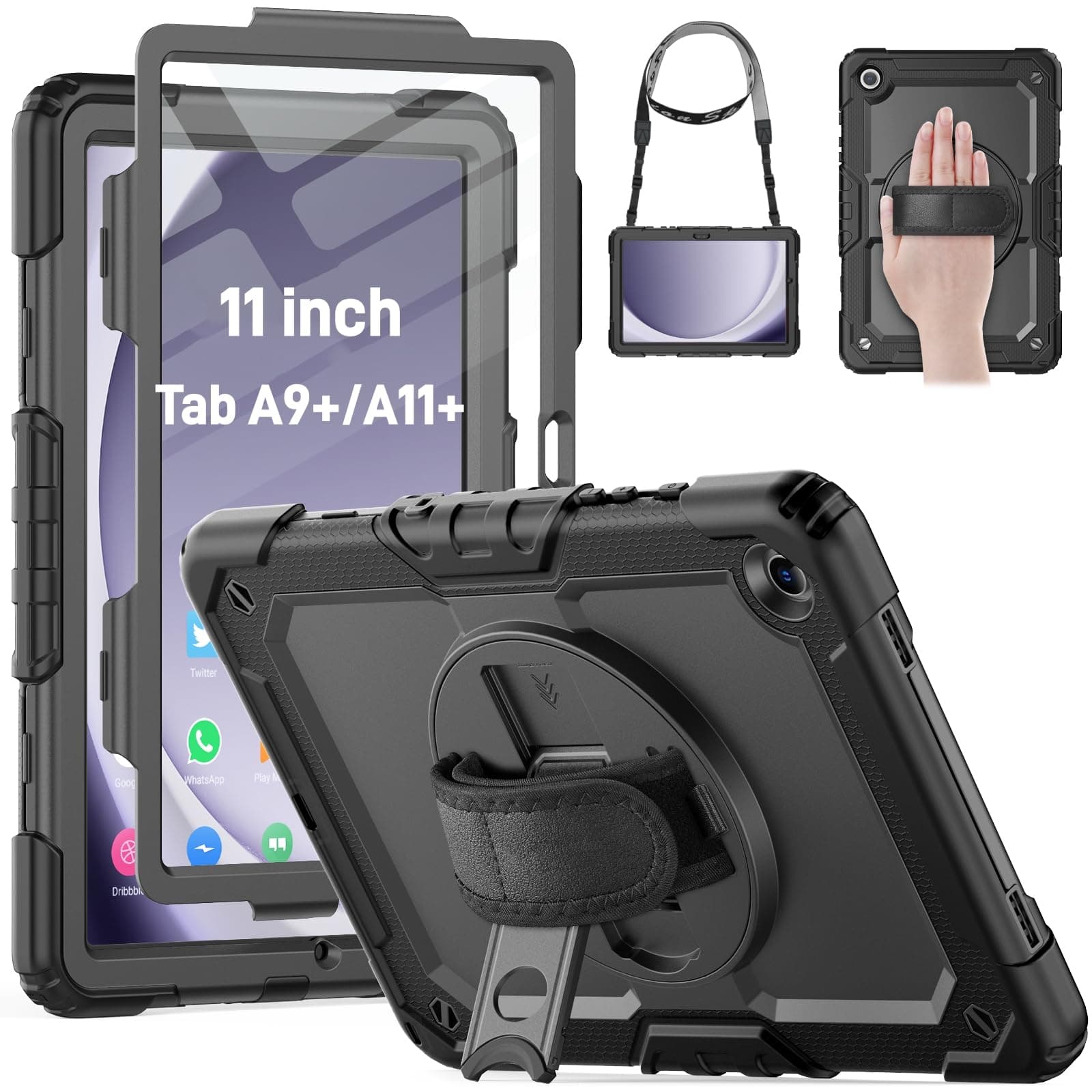 - Case for Samsung Galaxy Tab A9+ Plus / A11+ Plus 11 Inch, Protective with Screen Protector/Hand Strap/Pen Holder, Shockproof for Samsung A9 Plus Tablet Case SM-X210 SM-X218 SM-X230 - Black