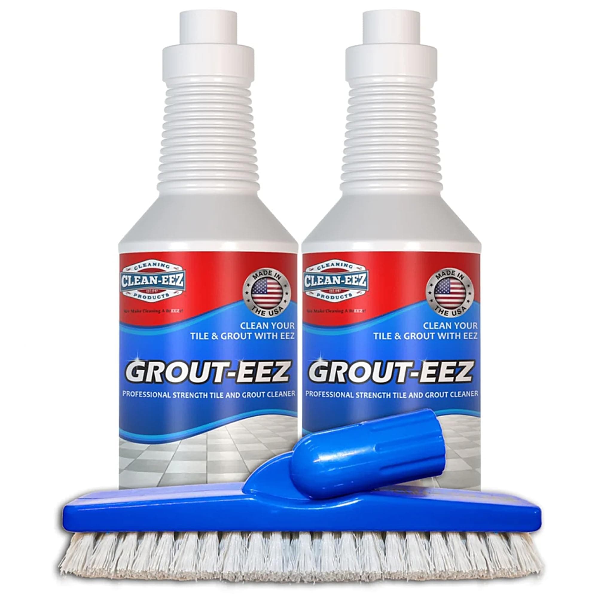 Clean-eez Grout Cleaner 2 Pack with Stand-Up Brush Attachment - Stain Remover Heavy-Duty Scrubber - Bathroom Shower Ceramic Porcelain Tile & Grout Only - Easy Control Flip Top Cap - 32 oz.