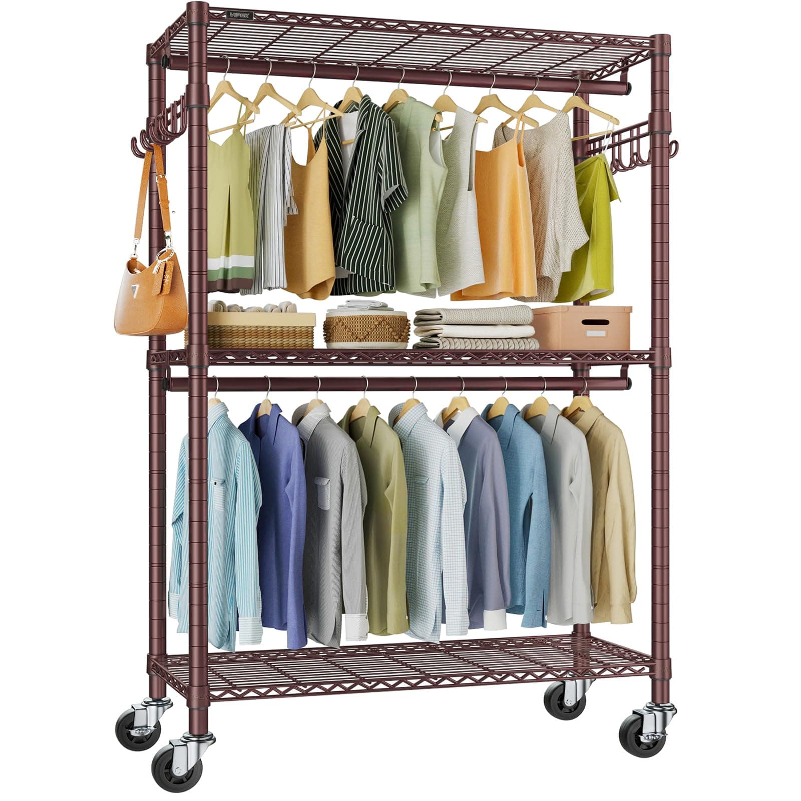 VIPEK R2 Plus Rolling Clothes Rack for Hanging Clothes Heavy Duty Clothing Rack 3 Tiers Adjustable Metal Wire Shelving Garment Racks with Side Hooks, Closet Organizers and Storage Wardrobe, Bronze