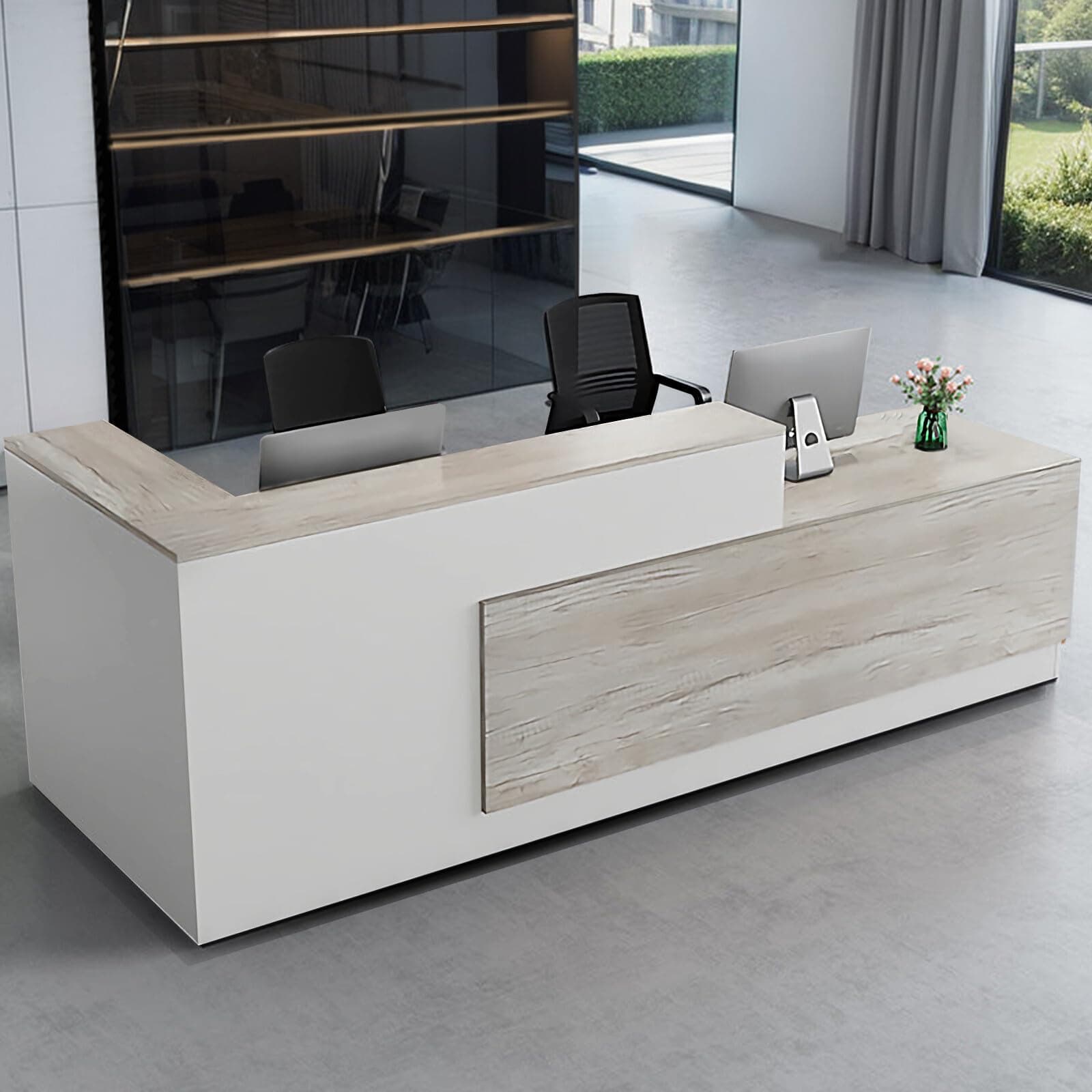 Modern L-Shaped Reception Desk with Hutch, Reception Counter Table, Lockable Drawer Door Cabinet, Office Wooden Computer Front Desk (Oak+Warm White-Left Cabinet, 70.87" L*23.62" W*41.34" H)