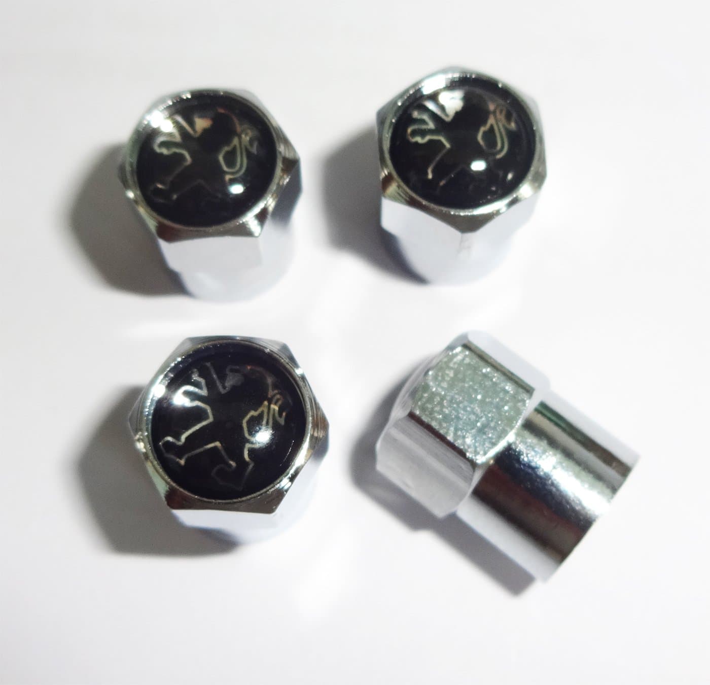– Peug Black & Chrome Wheel Valve Dust Caps