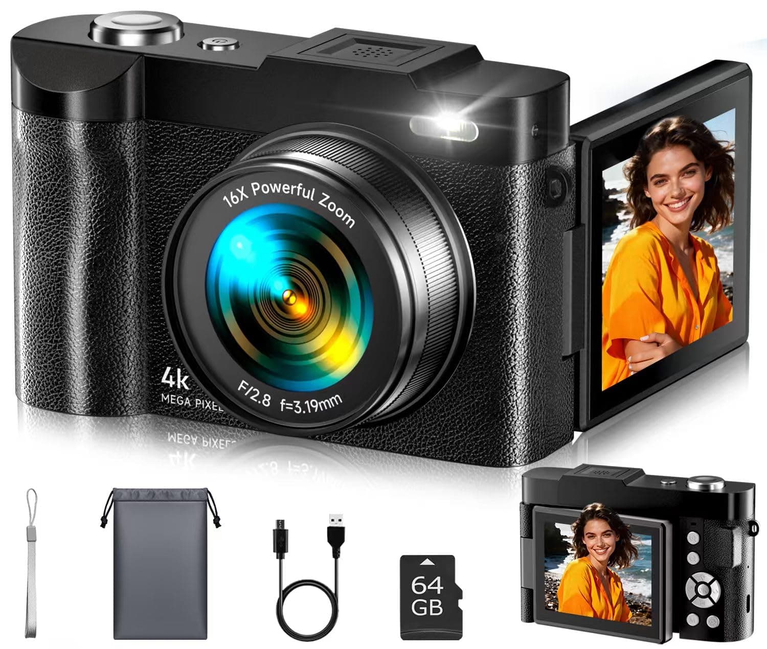 4K Digital Camera for Photography- 48MP Autofocus Vlogging Camera with 2.8" 180° Flip Screen, 16X Digital Zoom- Compact Point and Shoot Camera with 64GB SD for YouTube, Travel, Beginners