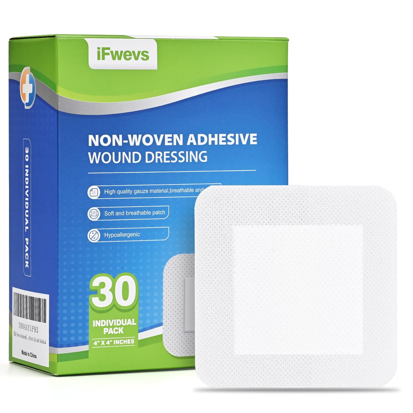 30 Count Bordered Gauze Island Dressing - 4" x 4" Sterile Individually Wrapped Gauze Pads Highly Absorbent, Non-Woven Backing -Breathable Wound Dressing for First Aid（2x2 Non-Stick Pad in Center）
