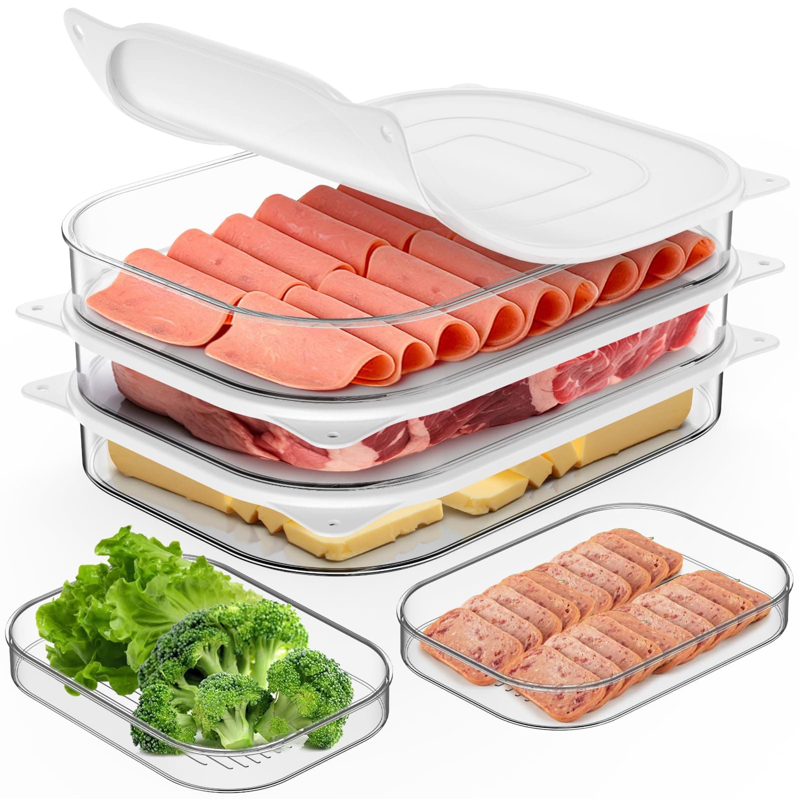 Deli Meat Container for Fridge,Bacon Lunch Meat Container for Refrigerator,refrigerator organizers and storage,Stackable Food Storage Boxes with Lid for Cold Cuts,BPA Free,3PCS