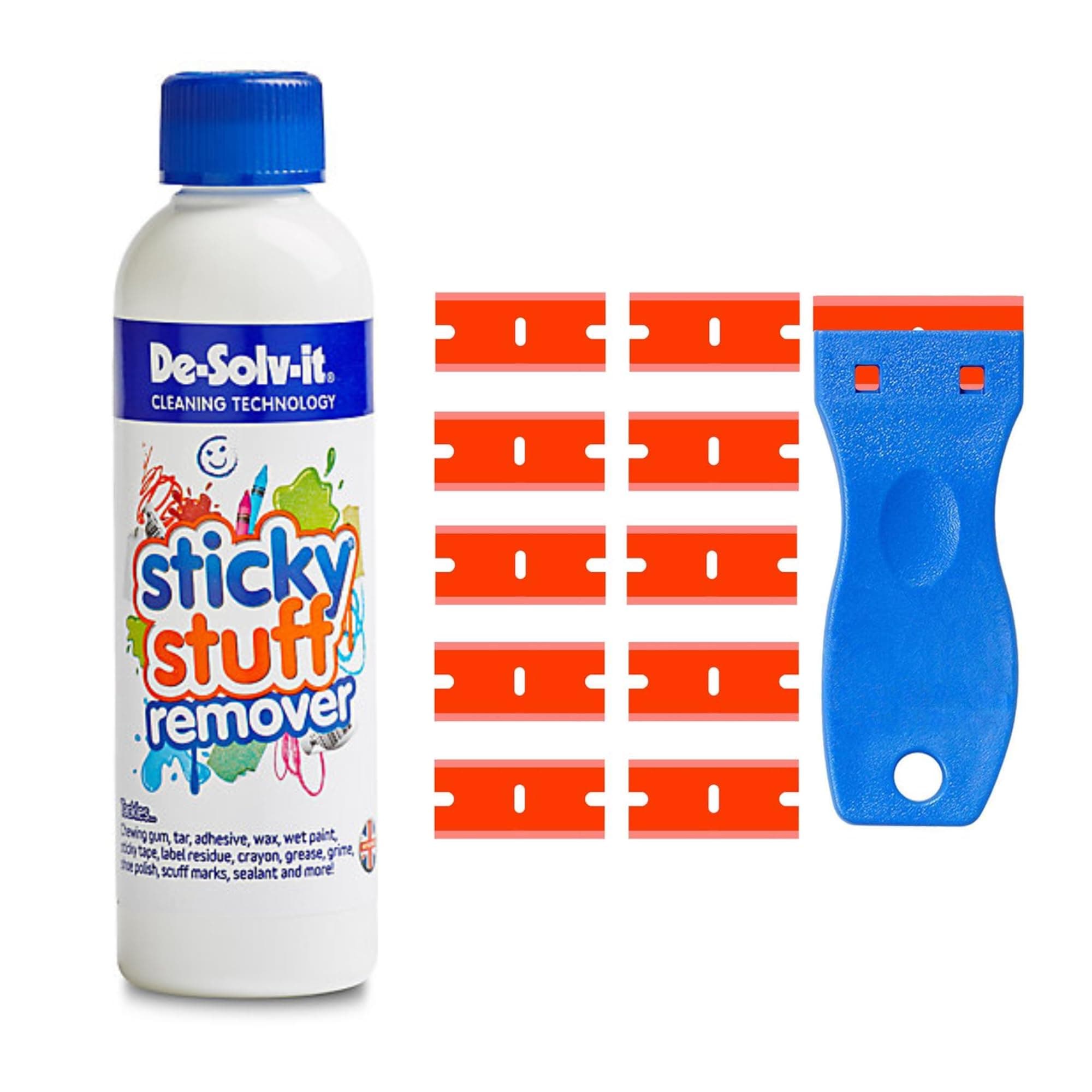 De Solv It Sticky Stuff Remover Liquid- 250ml with 10 Plastic Razor Blade, Scraper for Cleaning Labels,Sticker Remover Adhesive, Glass
