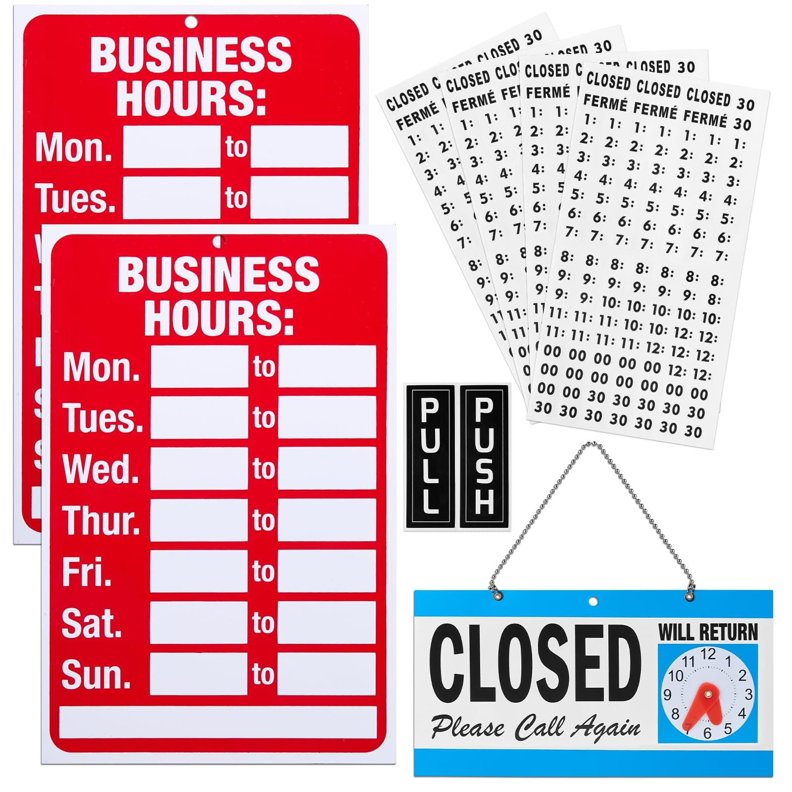 7 Pcs Business Hours Sign Open Closed Bundle, Office Hours & Hours of Operation Signs for Business With Time Number Stickers, Will Return Clock for Door Window Restaurants, Bars, Retail, Barbershop