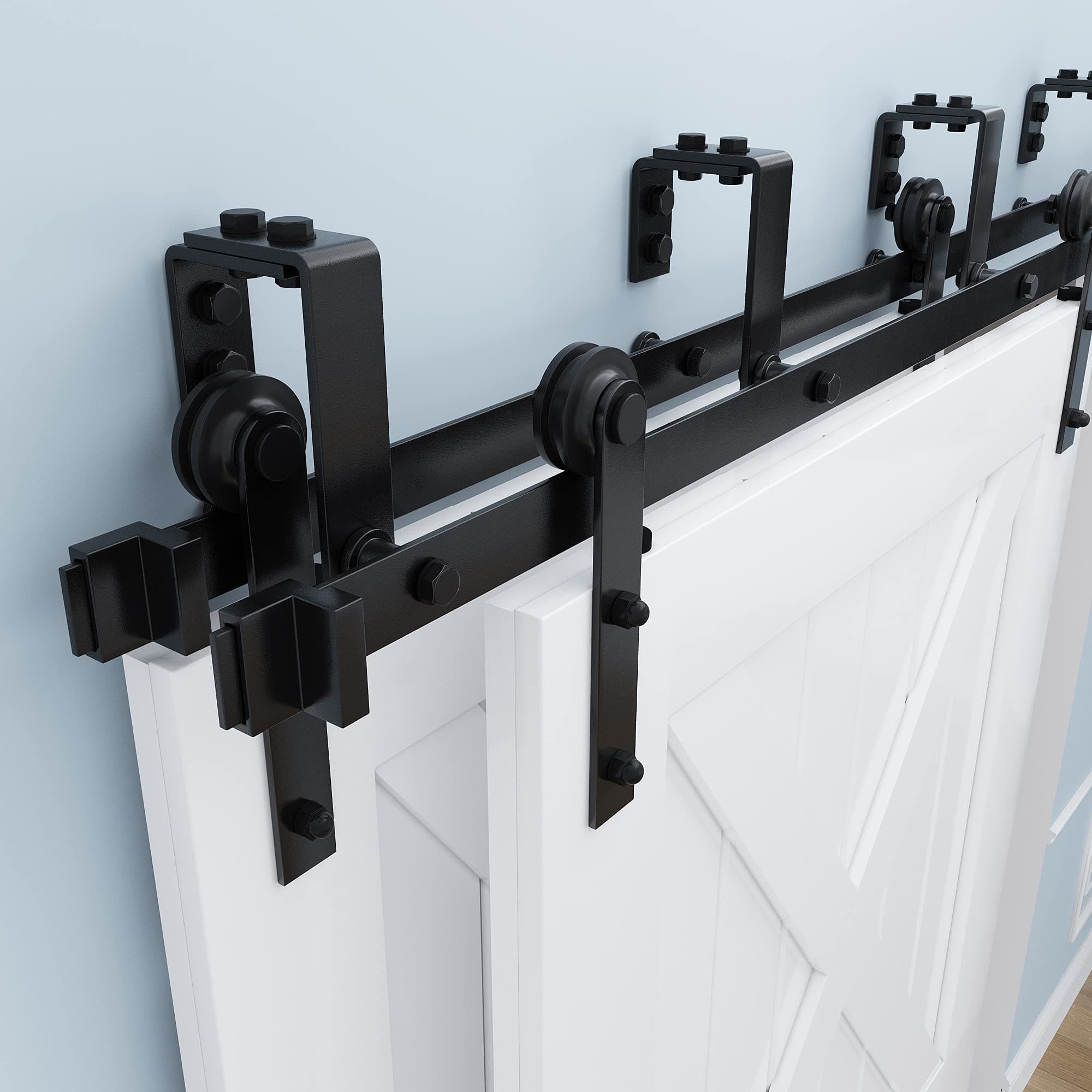 12FT Double Track Bypass Sliding Barn Door Hardware Kit for 2 Doors, Black, Modern, Bypass Sliding Barn Door Hardware