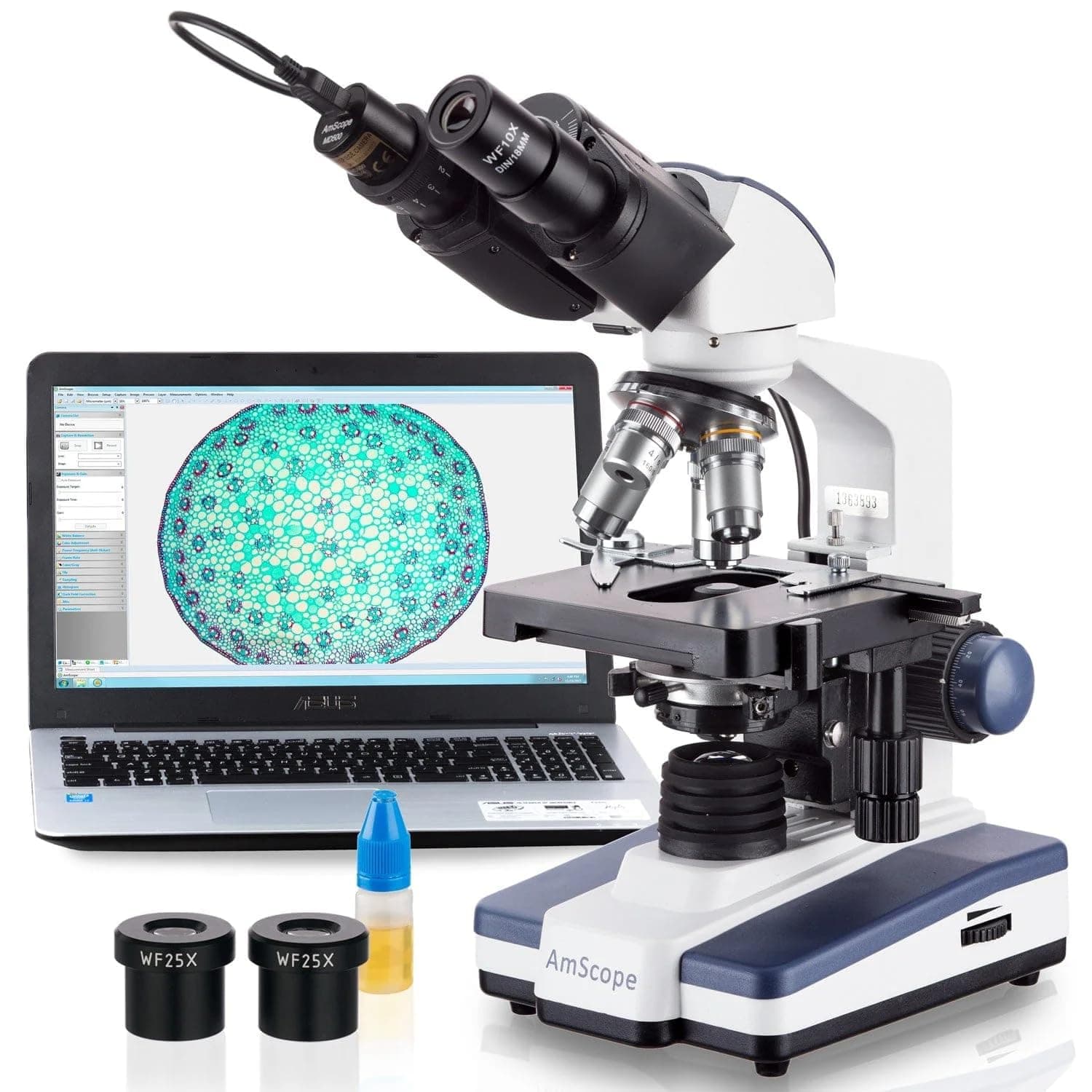 B120 Series Student & Professional LED Binocular Compound Microscope - 40X-2500X Magnification - Includes 3MP USB Camera & Siedentopf Head