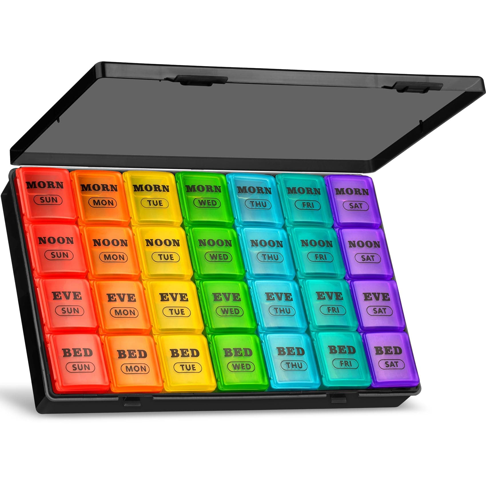 XL Pill Boxes 7 Day 4 Times a Day, Weekly Pill Box Organiser Large Daily Dossett Pill Box 7 Day 28 Compartments, 7day Medication Organiser Big Travel Tablet Organiser for Vitamin (Black-Rainbow)