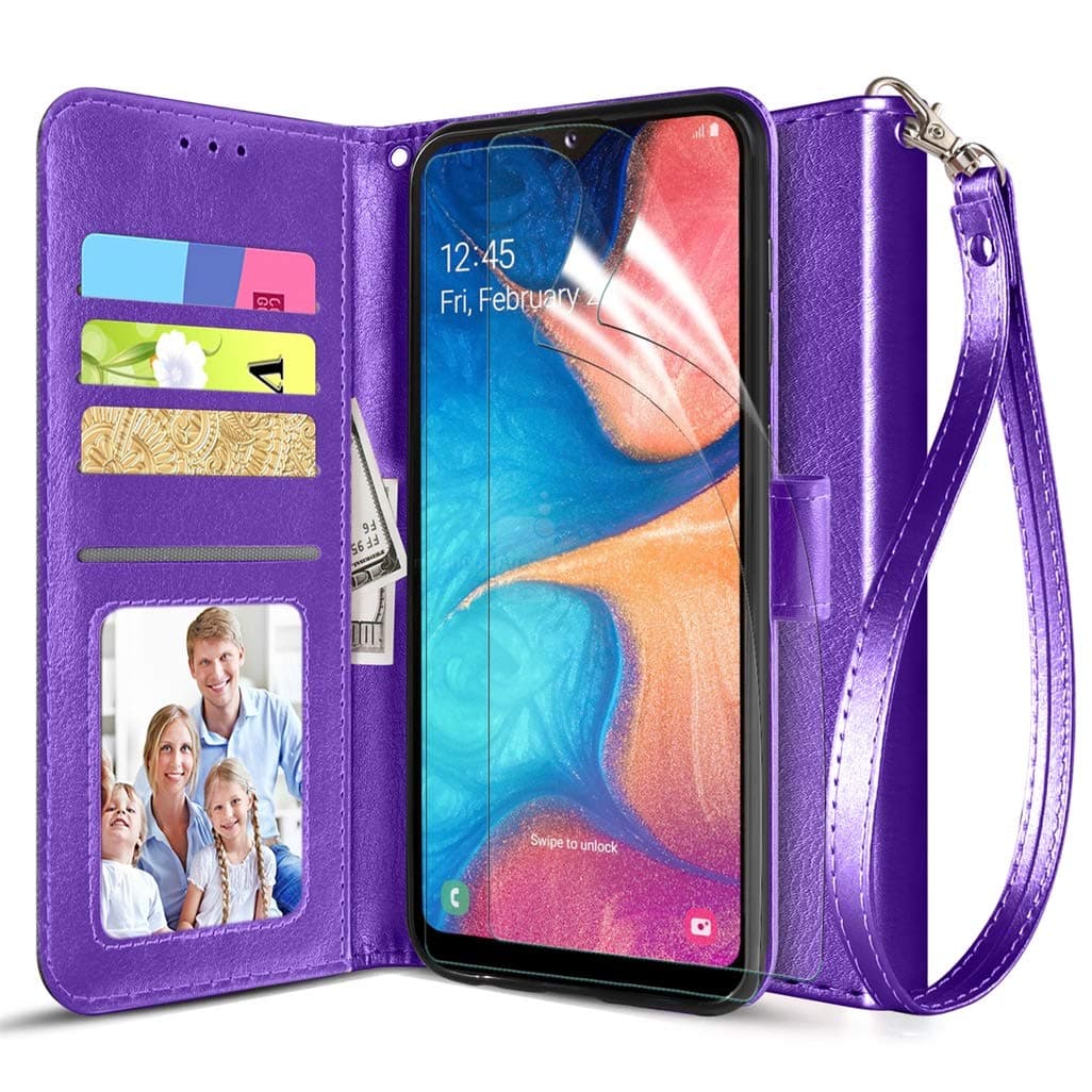 Adroid for Samsung Galaxy A20 Case,Samsung Galaxy A30 Case w 2 Pack[HD Screen Protector][Kickstand][Card Slots] Wrist Strap Luxury PU Leather Wallet Flip Full Body Protective Case, Purple