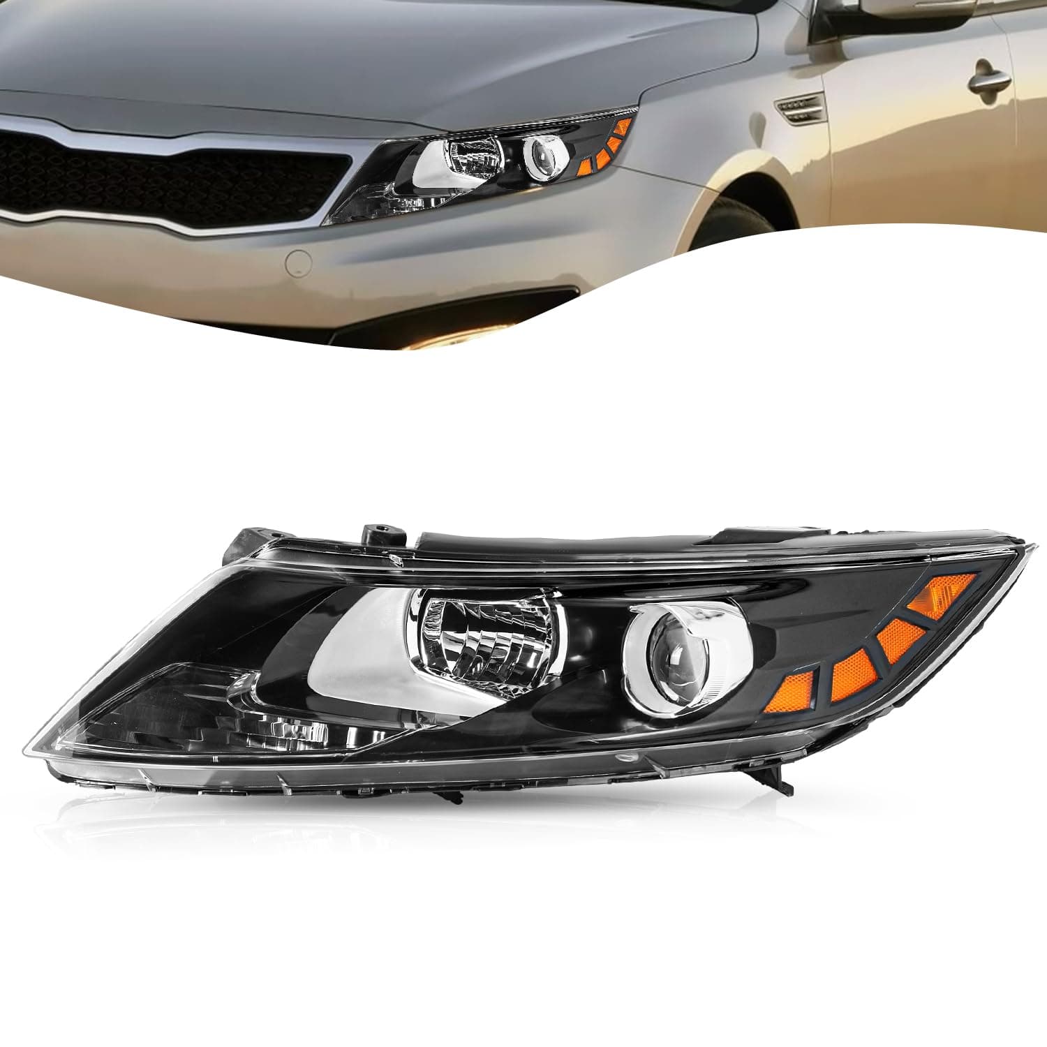 Halogen Headlight Assembly Replacement Fit for 2011 2012 2013 Kia Optima Headlamp Black Housing with Amber Reflector Left Drive Side