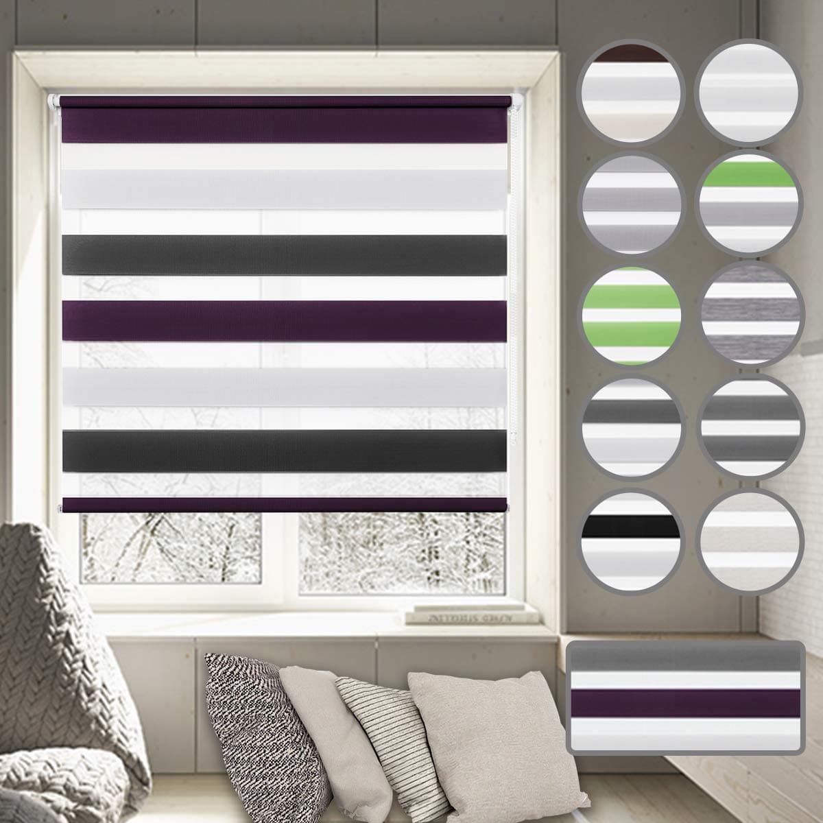 Day and Night Roller Blinds - 60 x 150 cm White Anthracite Purple Zebra Roller blinds Translucent or Blackout Curtains Easy Fix with Accessories for Windows and Doors