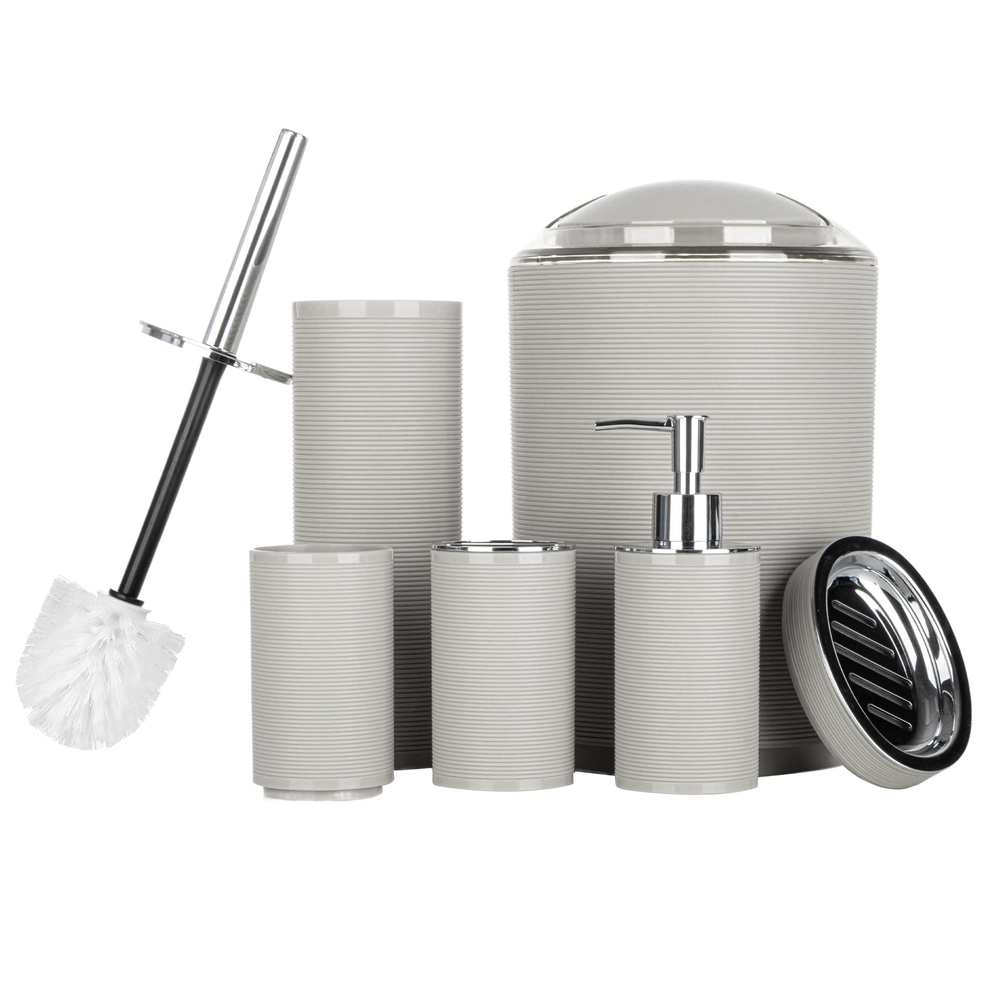 Fun Memories Bathroom Accessories Set 6 Piece Bath Ensemble Includes Toothbrush Holder, Soap Dispenser for Decorative Countertop and Housewarming Gift, Beige