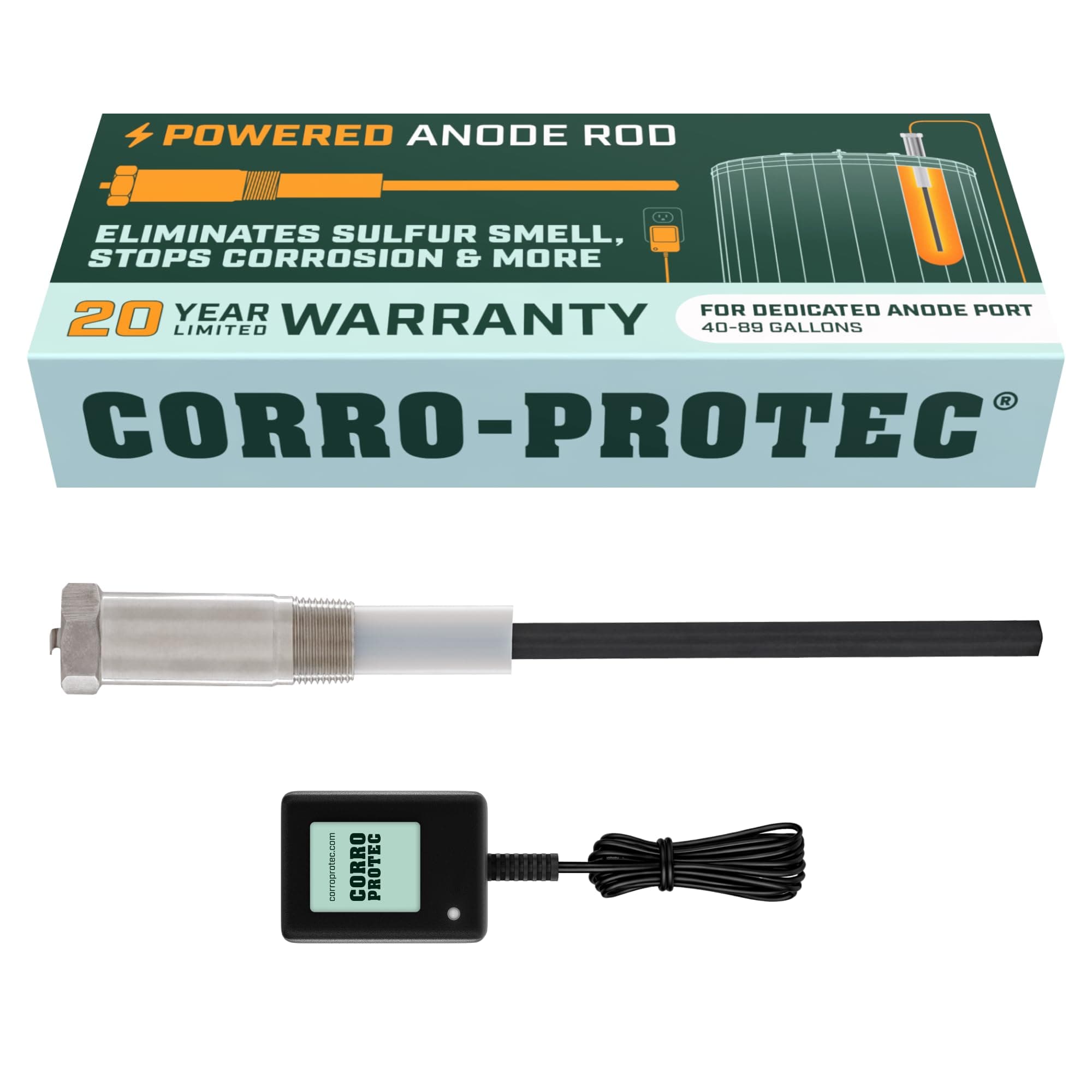 Corro-Protec Powered Anode Rod for Water Heater, 20-Year Warranty, Eliminates Rotten Egg/Sulfur Smell within 24 hours, Stops Corrosion and Reduces Limescale, Electrical Anode Rod Made of Titanium