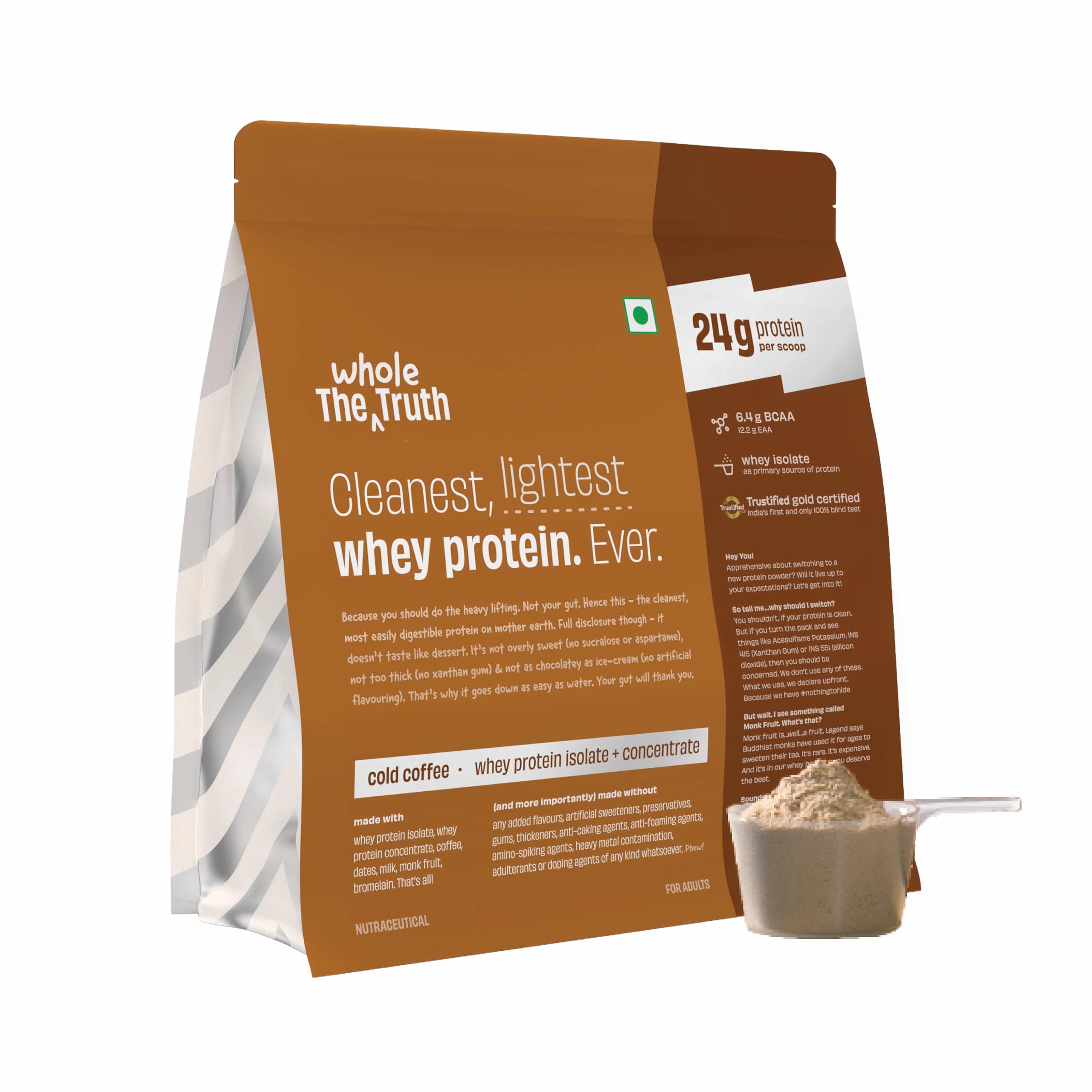 Whey Protein Isolate+Concentrate | Cold Coffee 1 kg (2.2 lbs) | 24g Protein per scoop | 6.4g BCAA | No Adulteration | Clean, Light & Easy to Digest | Vegetarian