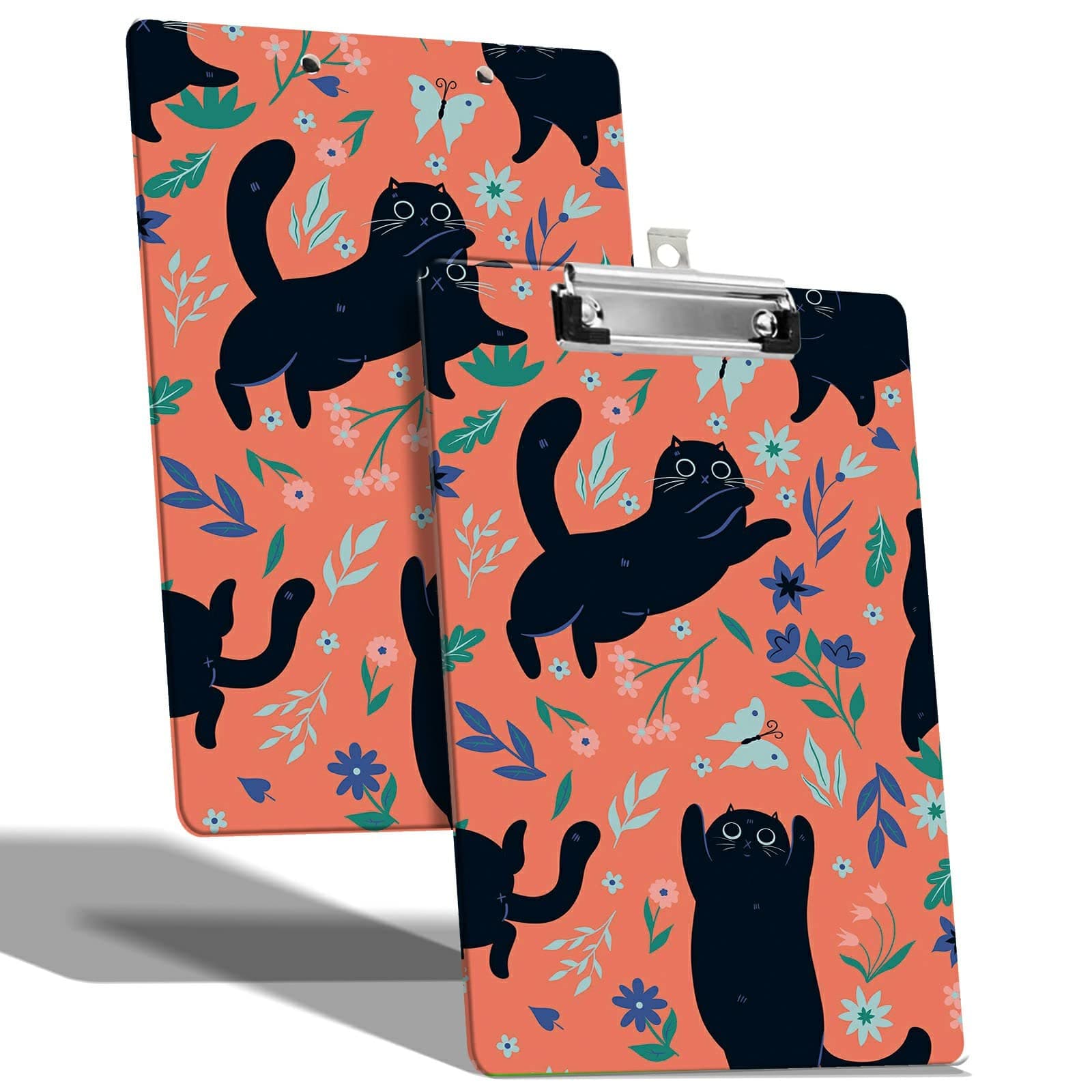 A4 Size Clipboard with Hanging Hook and Low Profile Clip, Plastic Nurse Clipboard Writing Drawing Board with Double-Sided Black Cat Flowers Print for Woman Kids Office School Use