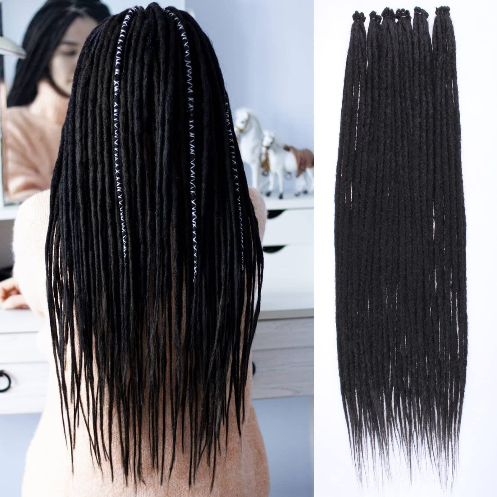 Leeven Thin 36 Inch Dreadlock Extensions 0.6 cm Width 20 Strands Natural Black Soft Hippie SE Dreads Synthetic Loc Extensions Handmade Reggae Style Crochet Braiding Hair for Women and Men