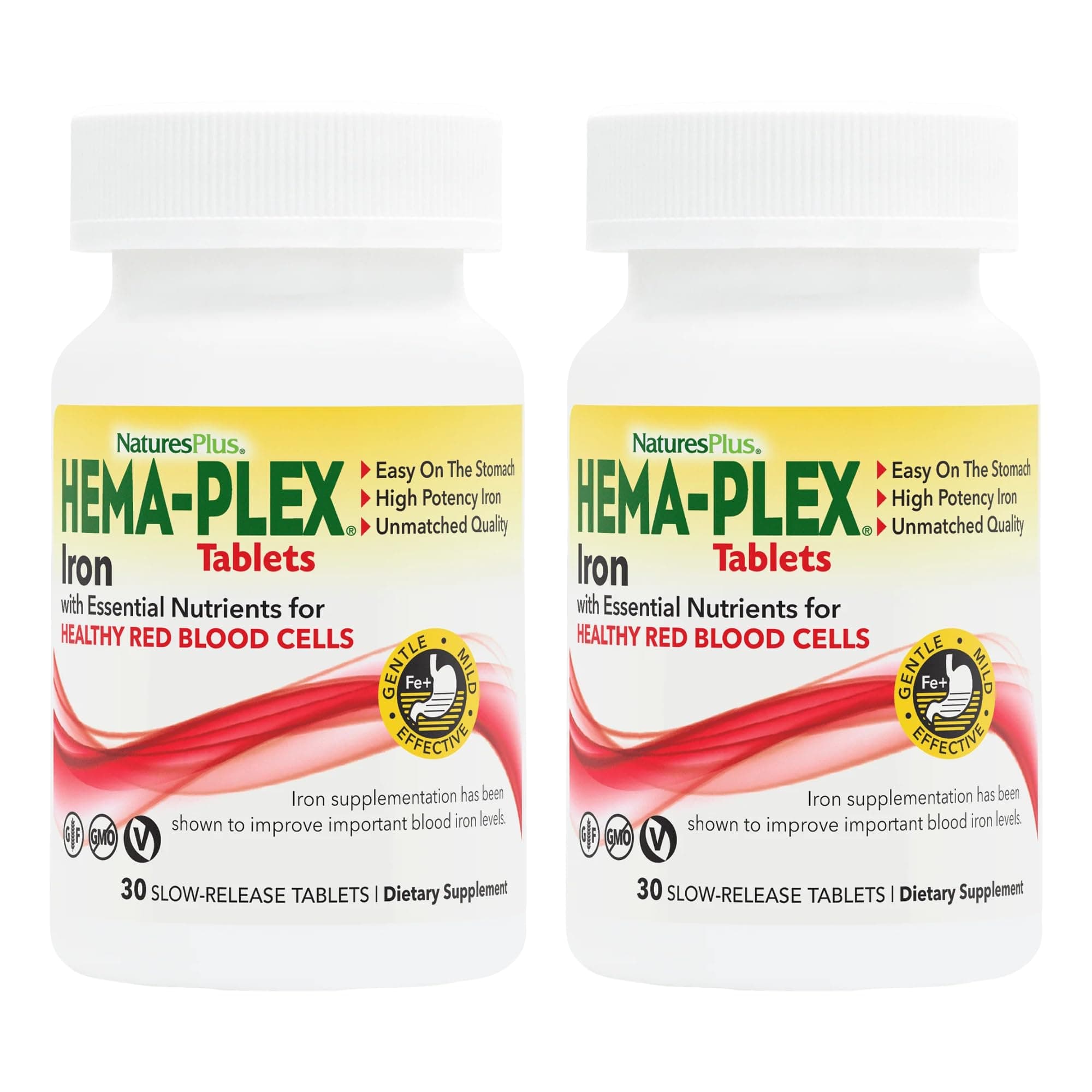Hema-Plex Iron - 30 Slow-Release Tablets, Pack of 2 - Total Blood Health - 85 mg Chelated Iron - with Vitamin C & Bioflavonoids - Non GMO, Vegetarian & Gluten Free - 60 Total Servings