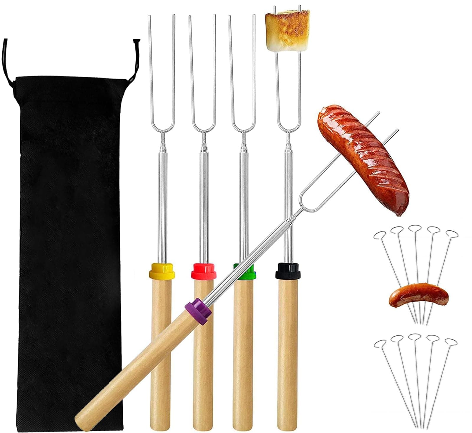5 Pack Barbecue Forks Kit,31-81 cm Extendable Marshmallow Roasting Sticks Stainless Steel for Retractable Fire Pit Accessories for Outdoor,Indoor Campfire - Roasting & Toasting Over an Open BBQ