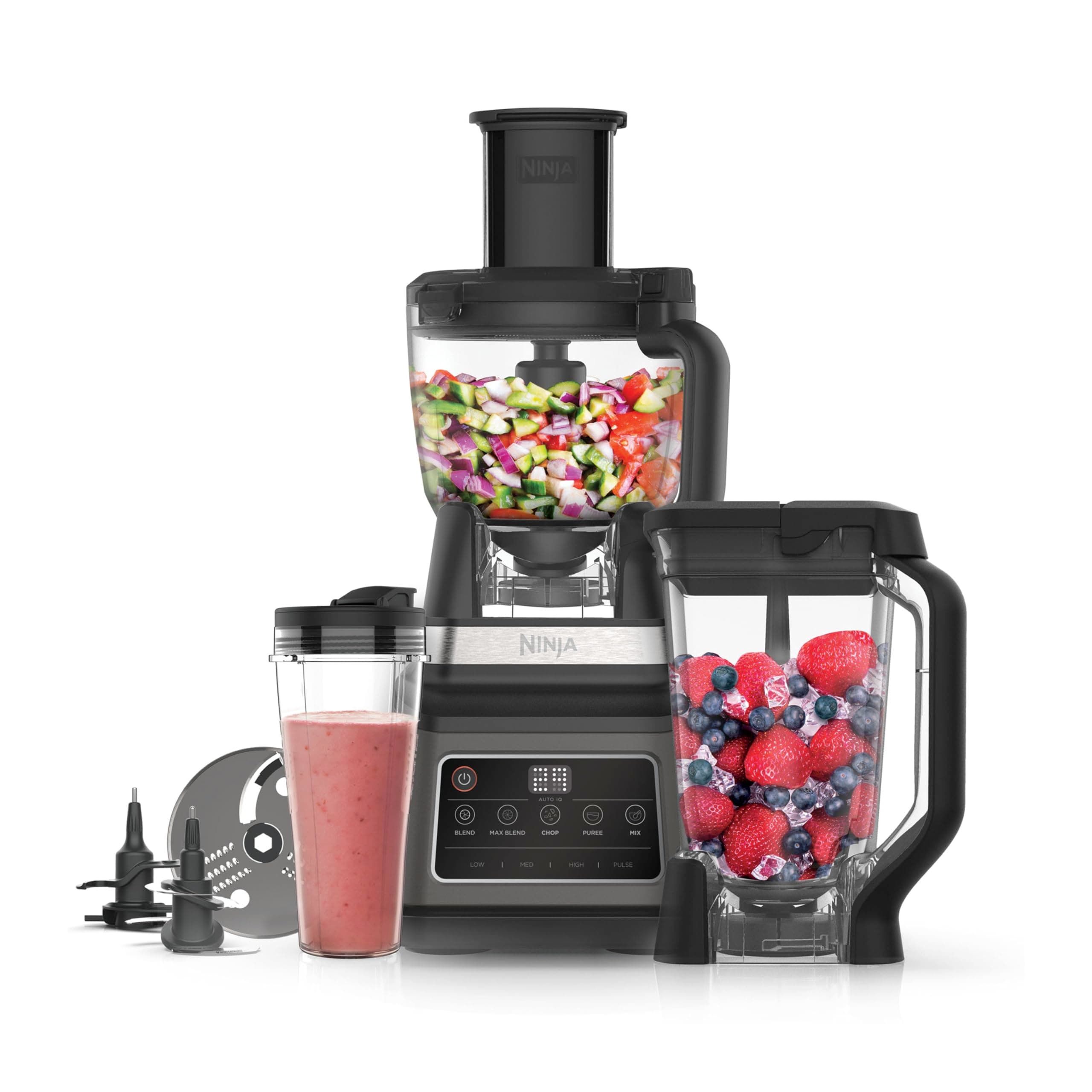 3-in-1 Food Processor & Blender with 5 Automatic Programs: Blend, Max Blend, Chop, Mix, Puree, 1.8L Bowl, 2.1L Jug, 700ml Cup, 1200W, Dishwasher Safe Parts, Auto-iQ, Black BN800UK