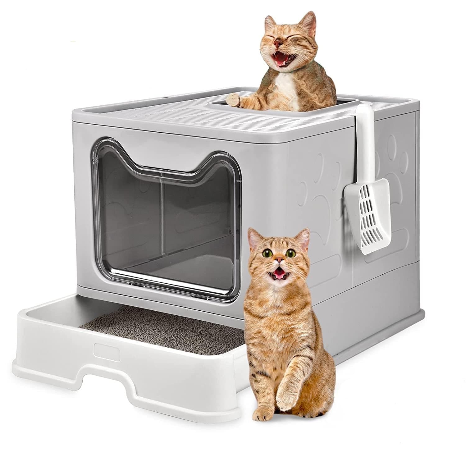 Oversized Foldable Cat Litter Box, Litter Box with Lid Extra Large Front Entry Top Exit, Drawer Type Enclosed with Litter Scoop, Cat Toilet Easy Cleaning - 51x41x38 Cm