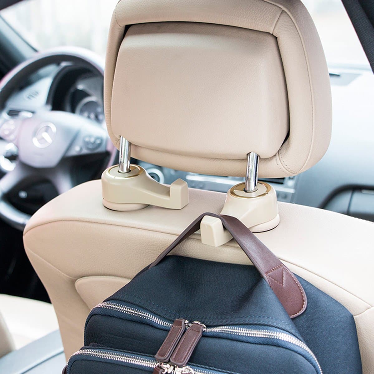 Duraneo Universal Car Headrest Hooks (4-Pack) - 3rd Generation Car Seat Hanger with Gilding Buckle - for Purse, Bags, or Groceries (Beige + Gold)