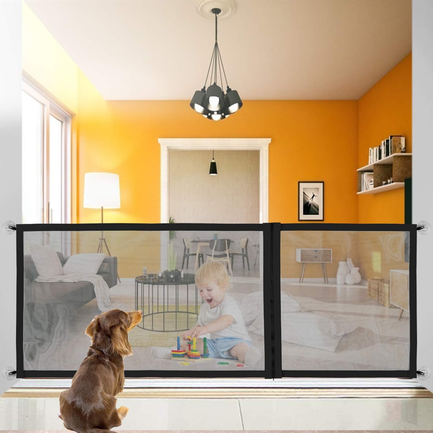 Dog Magic Gate, Upgraded Pet Safety Gate, Zip Design Adjustable in 3 sizes70.9"/43.3"/27.6", Portable Folding Mesh Extra-Wide Magic Guard, with Heavy-Duty Magic Tape, Easy Install Anywhere