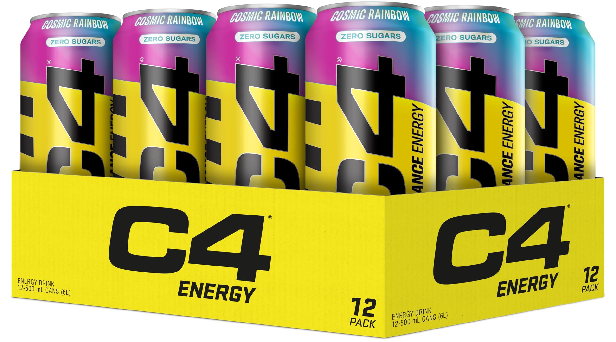 C4 Performance Energy Drinks Cosmic Rainbow 500ml (12 pack) | Sugar Free Energy Drink with 160mg Caffeine, 250mg Betaine, 1050mg Taurine | Low Calorie Fizzy Drinks for On the Go Energy and Focus